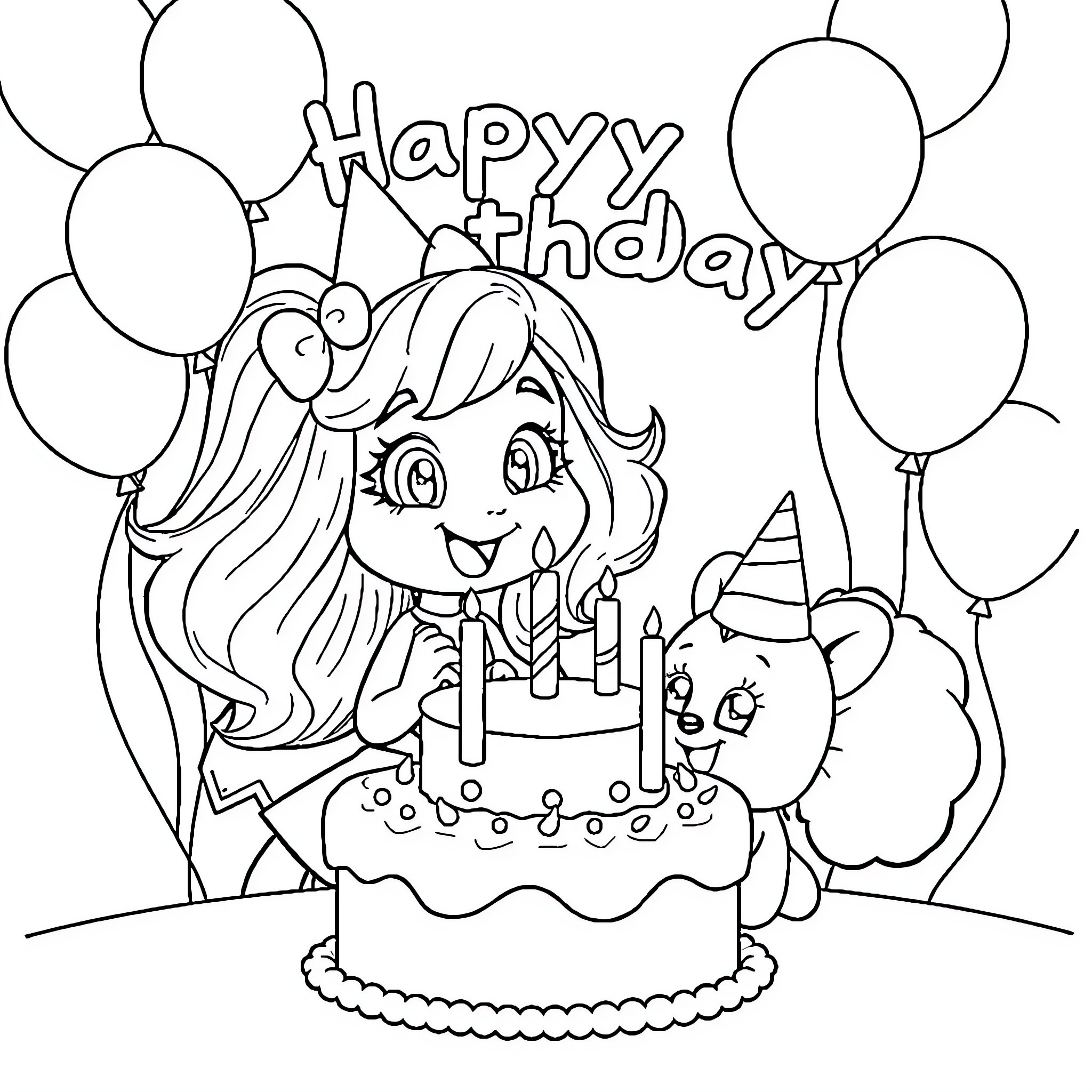 Bluey's Birthday Celebration with Balloons Coloring Page (free black-and-white line drawing printable PDF for all, from beginners to advanced learners, including children, teens, adults, and seniors)