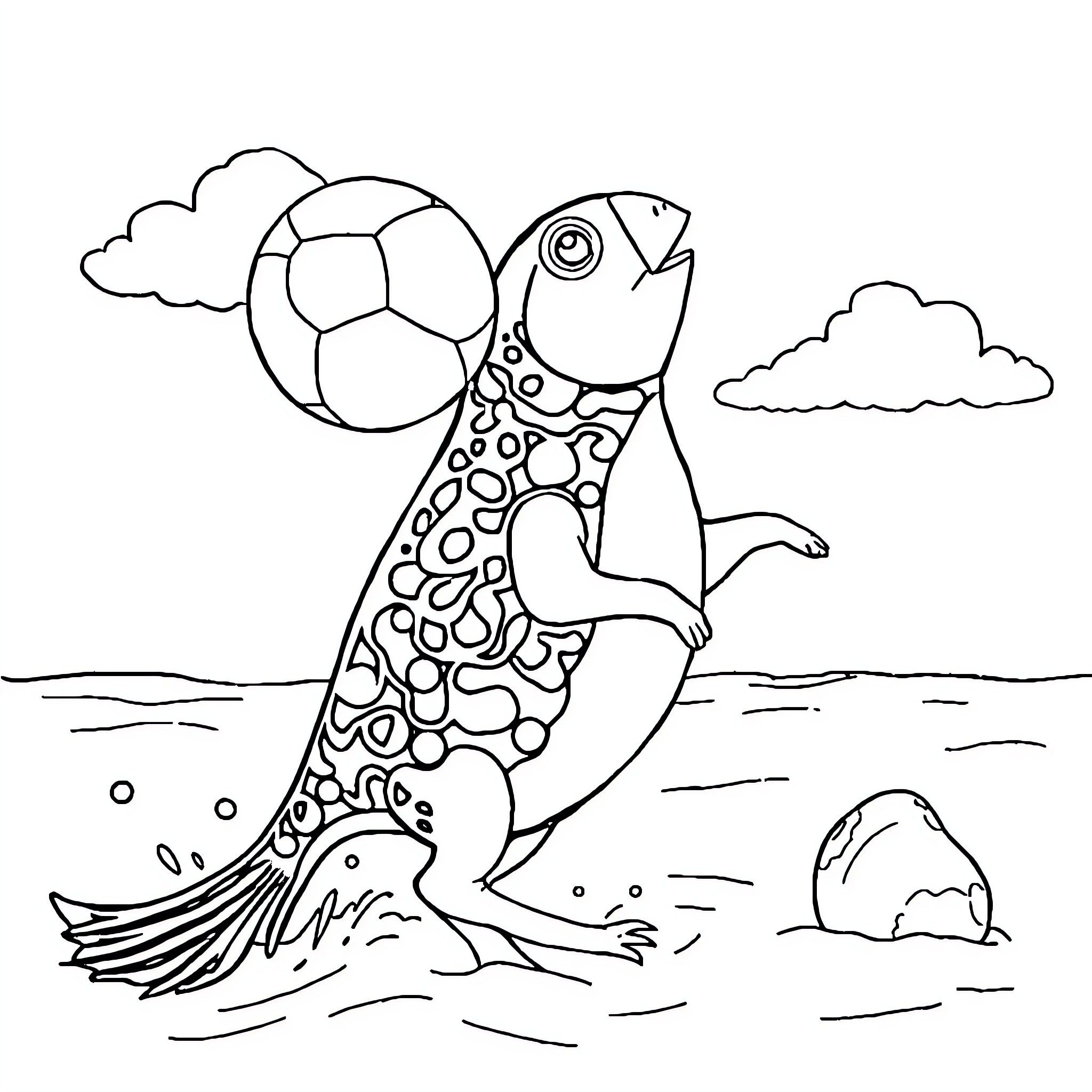 Seal playing with a soccer ball on the beach Coloring Page (free black-and-white line drawing printable PDF for all, from beginners to advanced learners, including children, teens, adults, and seniors)