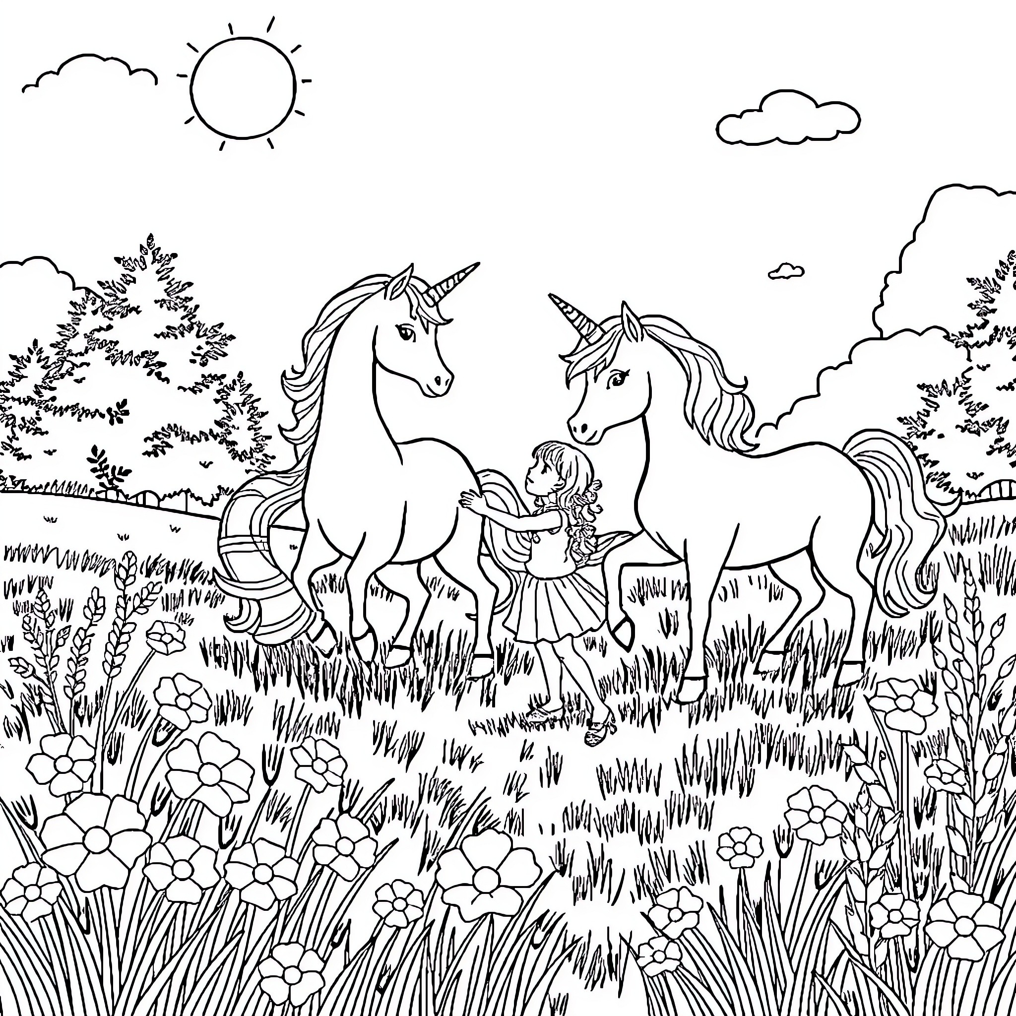 Unicorn Family Frolicking in Enchanted Forest Coloring Page (free black-and-white line drawing printable PDF for all, from beginners to advanced learners, including children, teens, adults, and seniors)