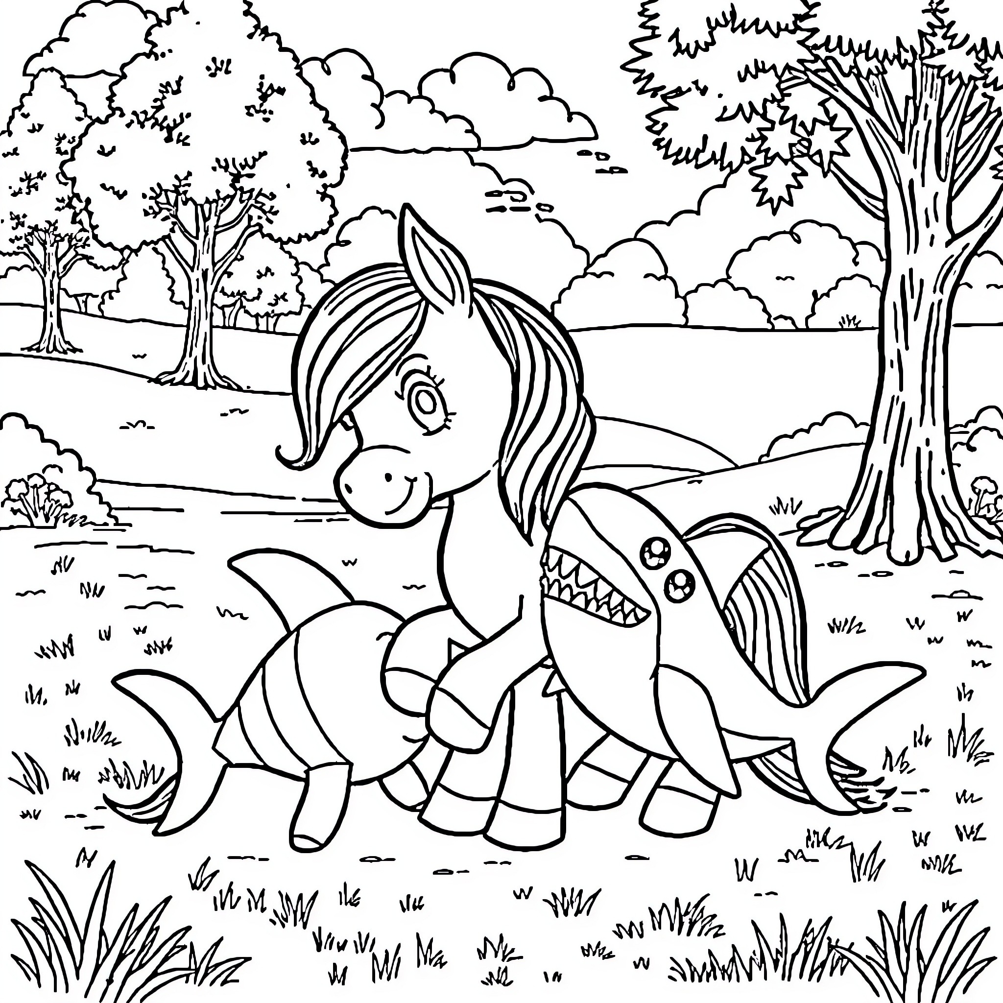 Pony exploring forest with underwater creature Coloring Page (free black-and-white line drawing printable PDF for all, from beginners to advanced learners, including children, teens, adults, and seniors)
