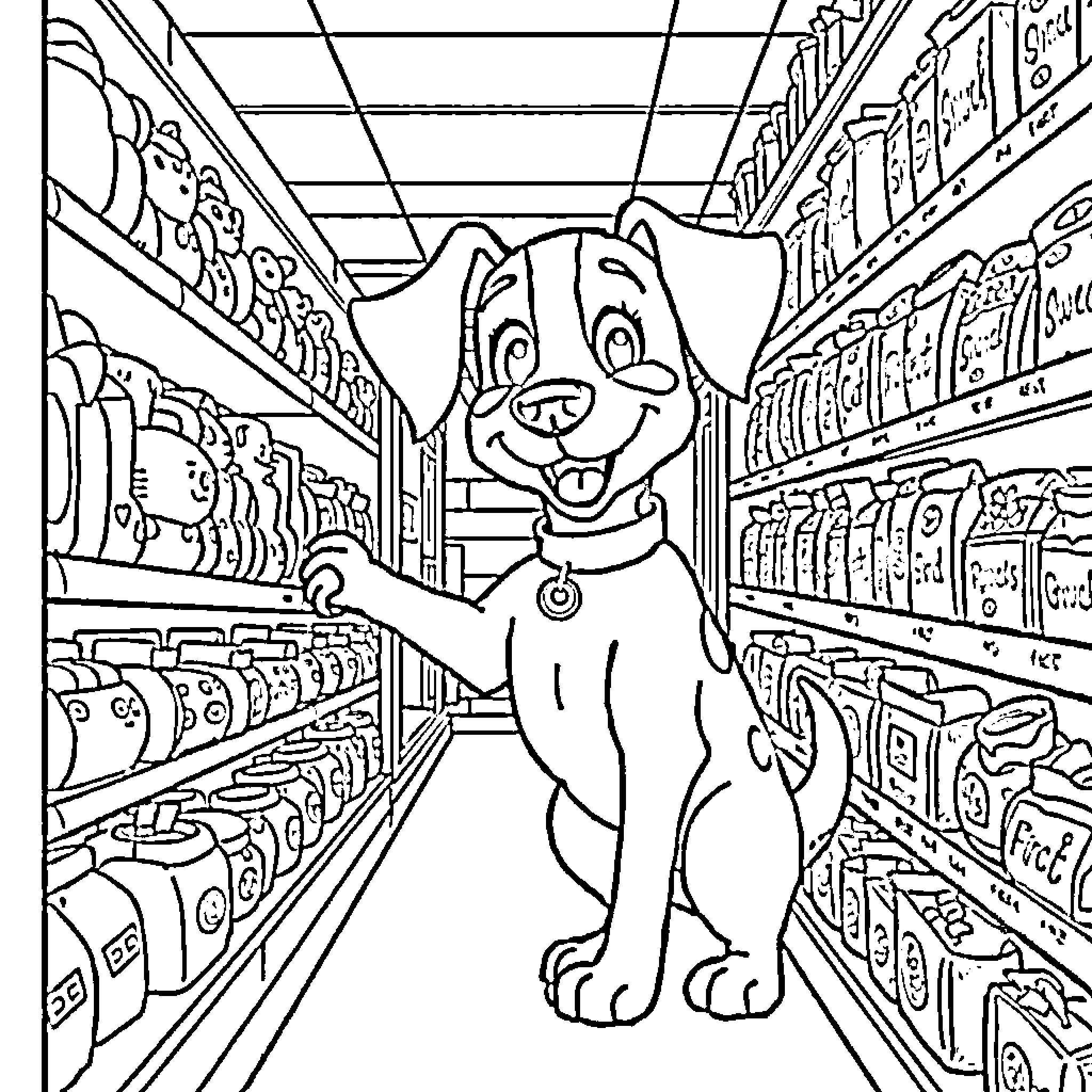 Spot exploring the aisles of a busy store Coloring Page (free black-and-white line drawing printable PDF for all, from beginners to advanced learners, including children, teens, adults, and seniors)