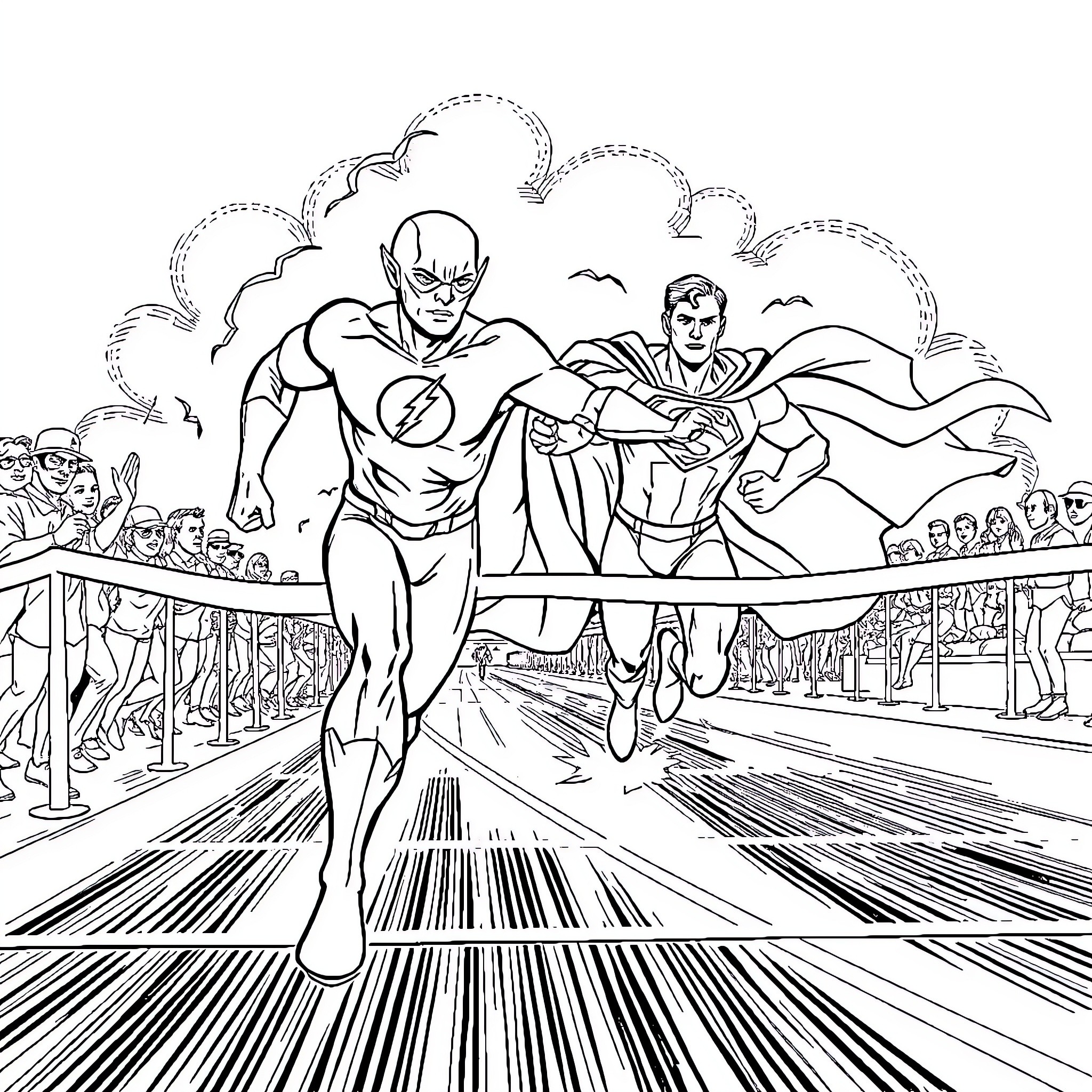 Flash Race Through the Arena Coloring Page (free black-and-white line drawing printable PDF for all, from beginners to advanced learners, including children, teens, adults, and seniors)
