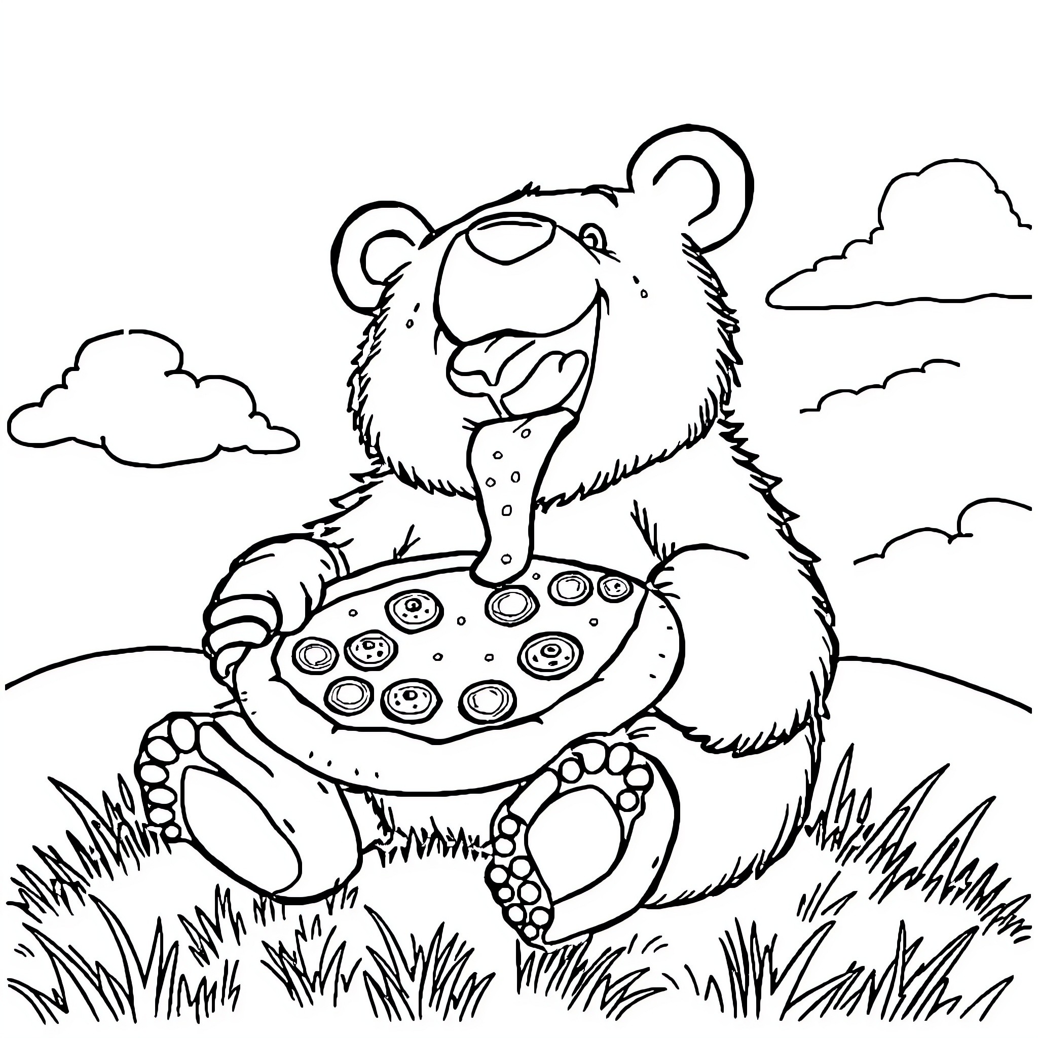 Bear Eating Cookies in the Grassy Field Coloring Page (free black-and-white line drawing printable PDF for all, from beginners to advanced learners, including children, teens, adults, and seniors)