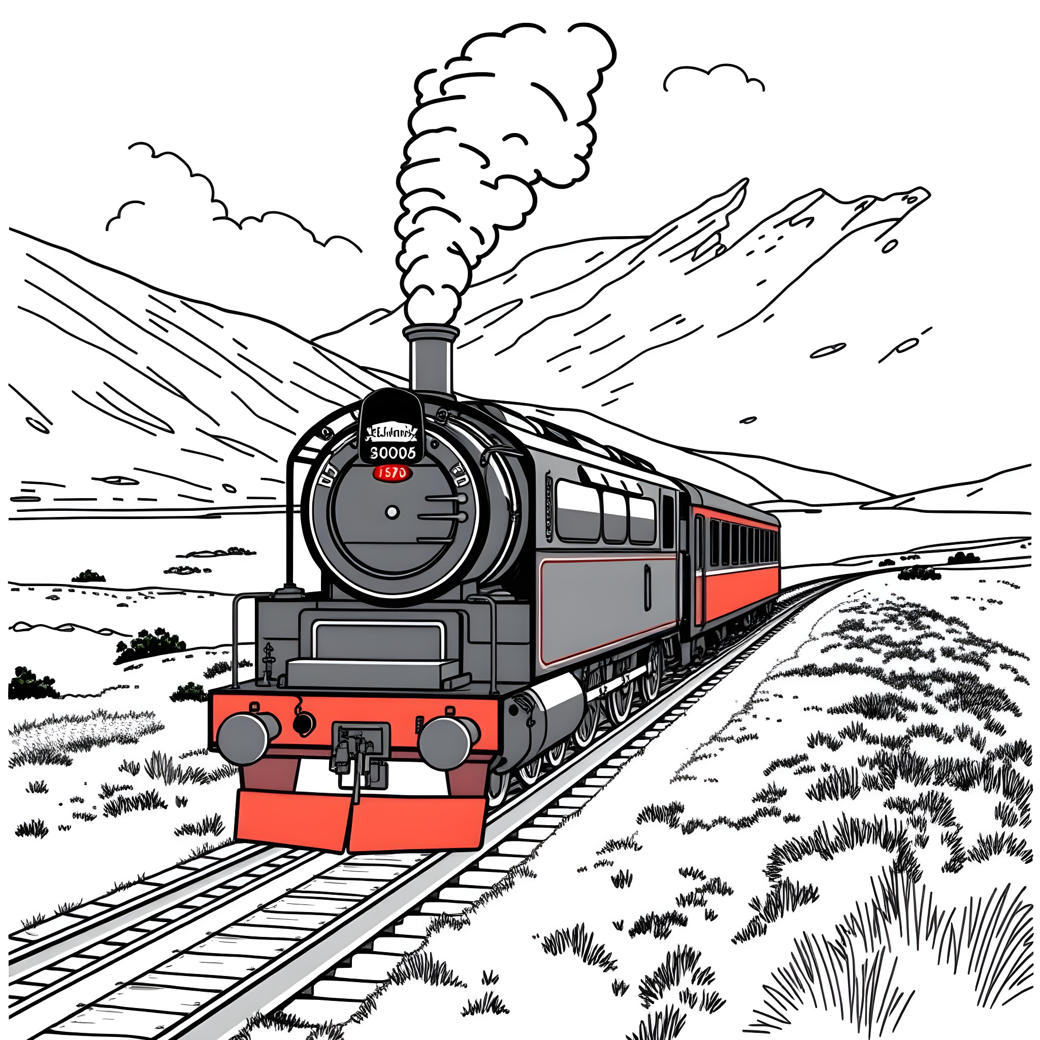 Belmond Royal Scotsman locomotive traversing scenic Scottish landscape Coloring Page (free black-and-white line drawing printable PDF for all, from beginners to advanced learners, including children, teens, adults, and seniors)