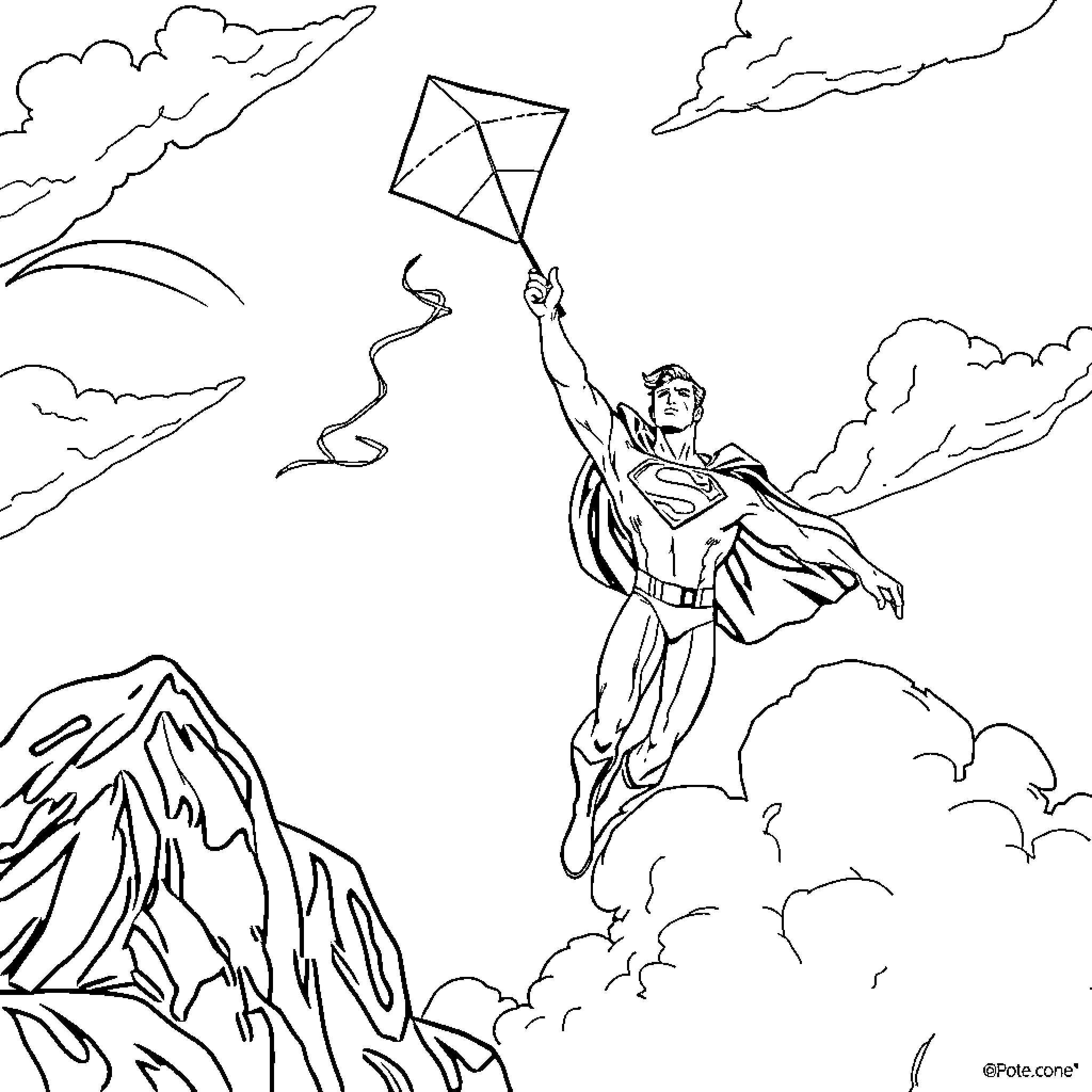 Superman soaring high with kite in the sky Coloring Page (free black-and-white line drawing printable PDF for all, from beginners to advanced learners, including children, teens, adults, and seniors)