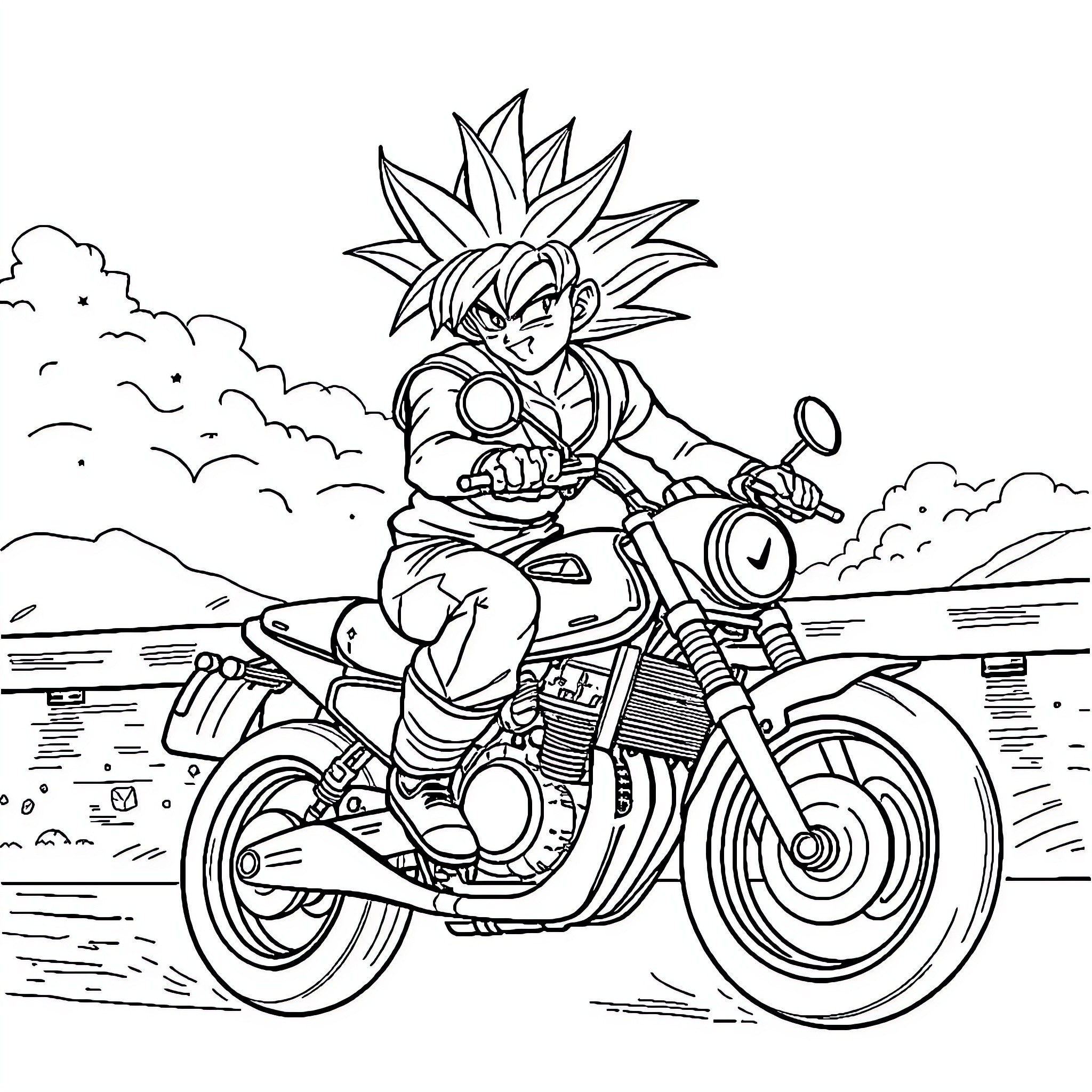 Son Goku riding a motorcycle through the countryside Coloring Page (free black-and-white line drawing printable PDF for all, from beginners to advanced learners, including children, teens, adults, and seniors)