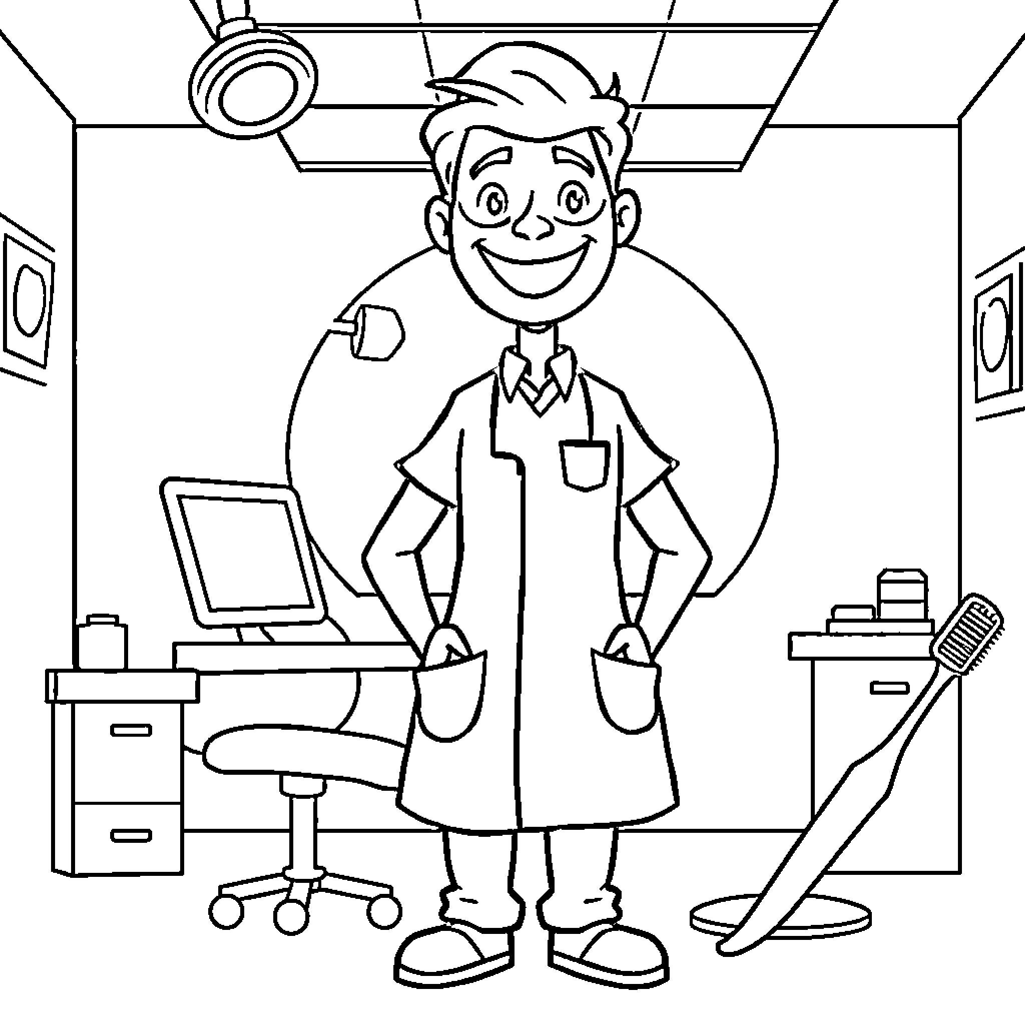 Dentist working cheerfully in his office Coloring Page (free black-and-white line drawing printable PDF for all, from beginners to advanced learners, including children, teens, adults, and seniors)