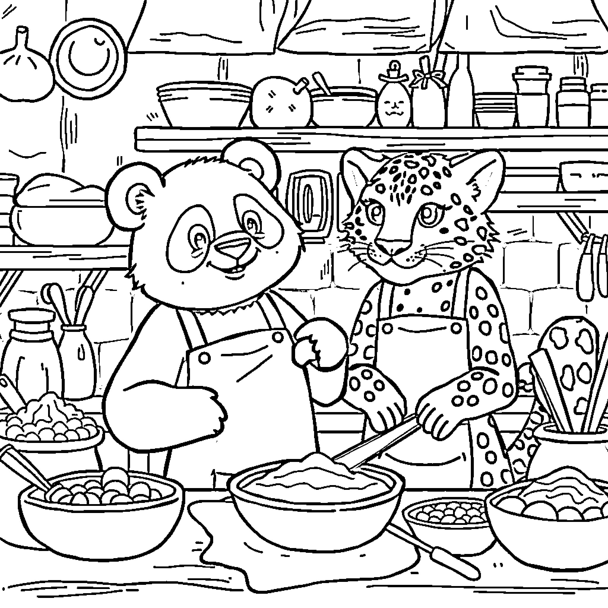 Panda and Leopard Cooking Together in Kitchen Coloring Page (free black-and-white line drawing printable PDF for all, from beginners to advanced learners, including children, teens, adults, and seniors)