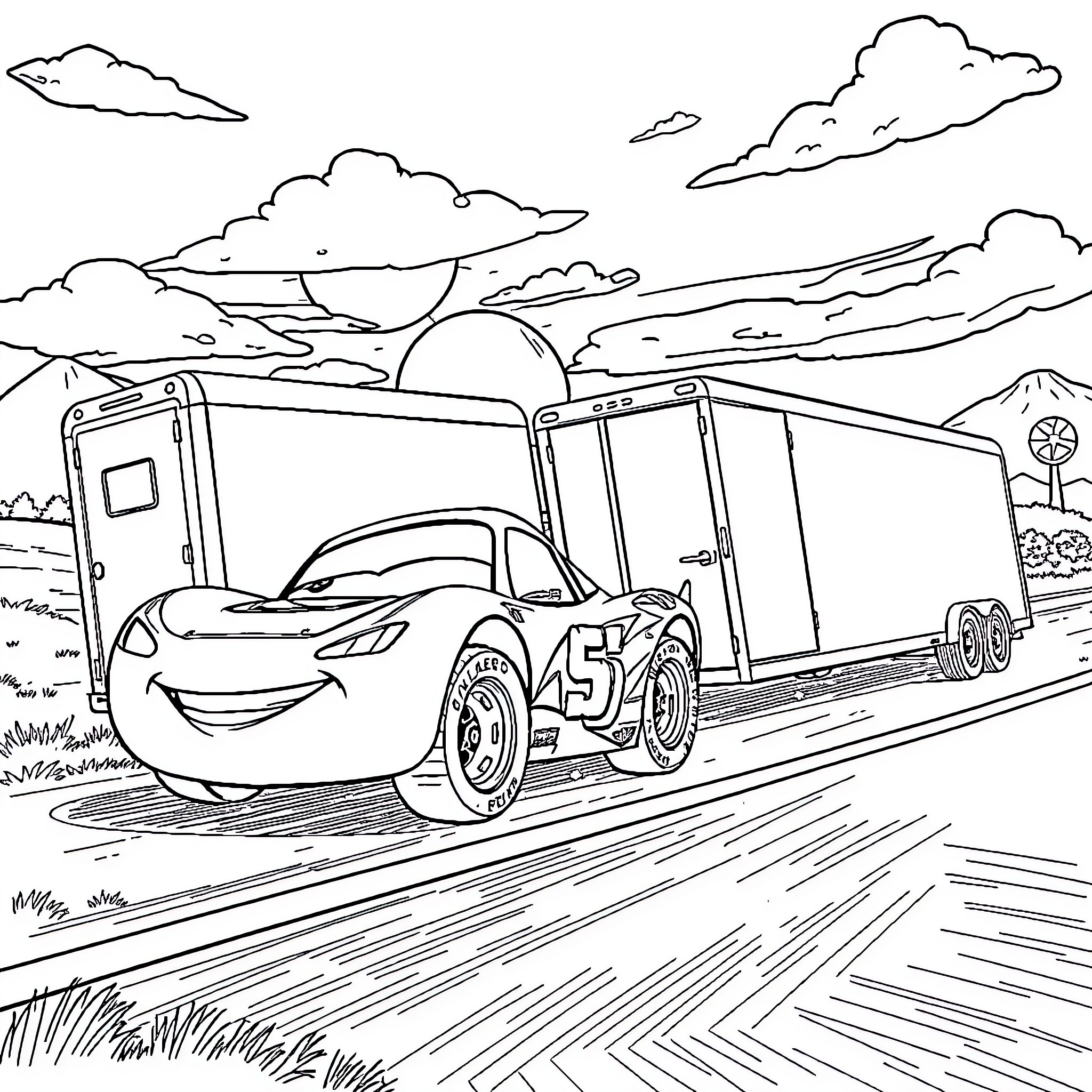 Lightning McQueen's Truck Adventure on the Road Coloring Page (free black-and-white line drawing printable PDF for all, from beginners to advanced learners, including children, teens, adults, and seniors)