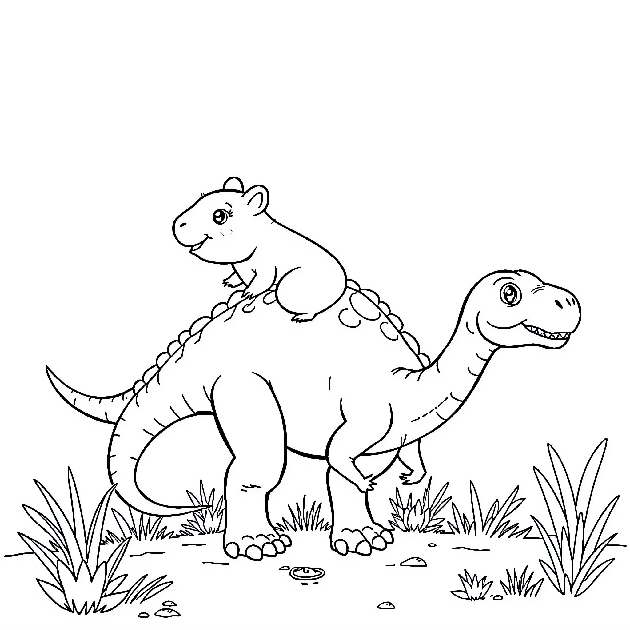 Hamster riding on a friendly dinosaur Coloring Page (free black-and-white line drawing printable PDF for all, from beginners to advanced learners, including children, teens, adults, and seniors)