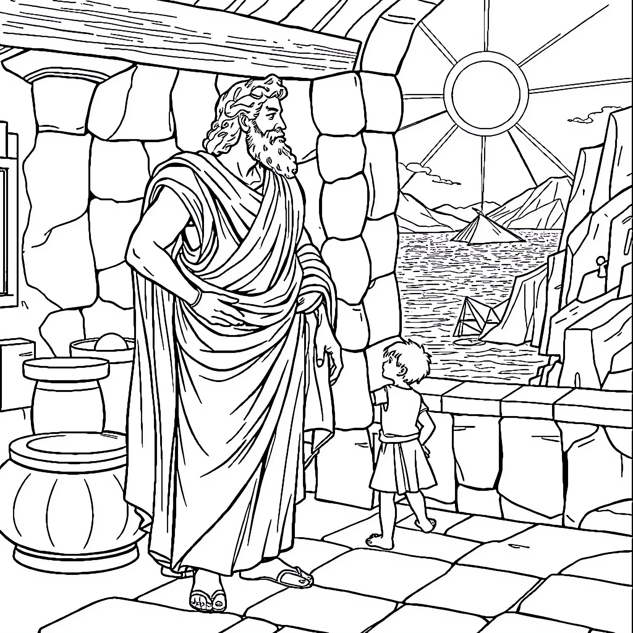 Odysseus Journeying Home From the Odyssey Coloring Page (free black-and-white line drawing printable PDF for all, from beginners to advanced learners, including children, teens, adults, and seniors)