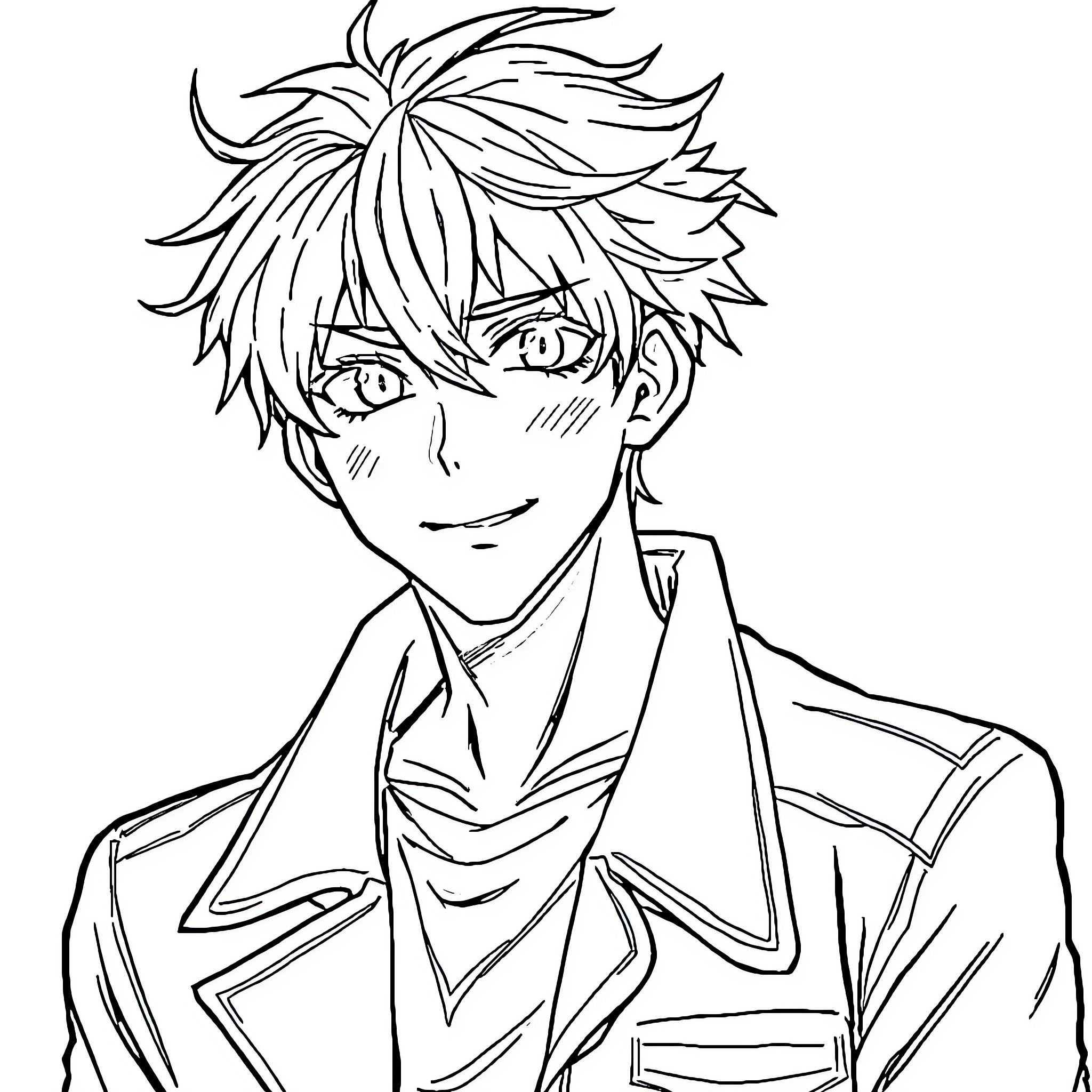 Shu Kurenai looking thoughtful in school uniform Coloring Page (free black-and-white line drawing printable PDF for all, from beginners to advanced learners, including children, teens, adults, and seniors)