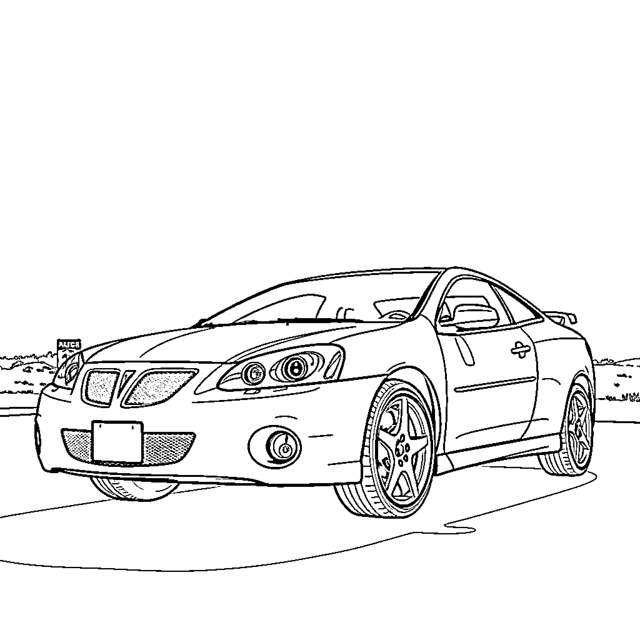 Pontiac sports car on the road Coloring Page (free black-and-white line drawing printable PDF for all, from beginners to advanced learners, including children, teens, adults, and seniors)