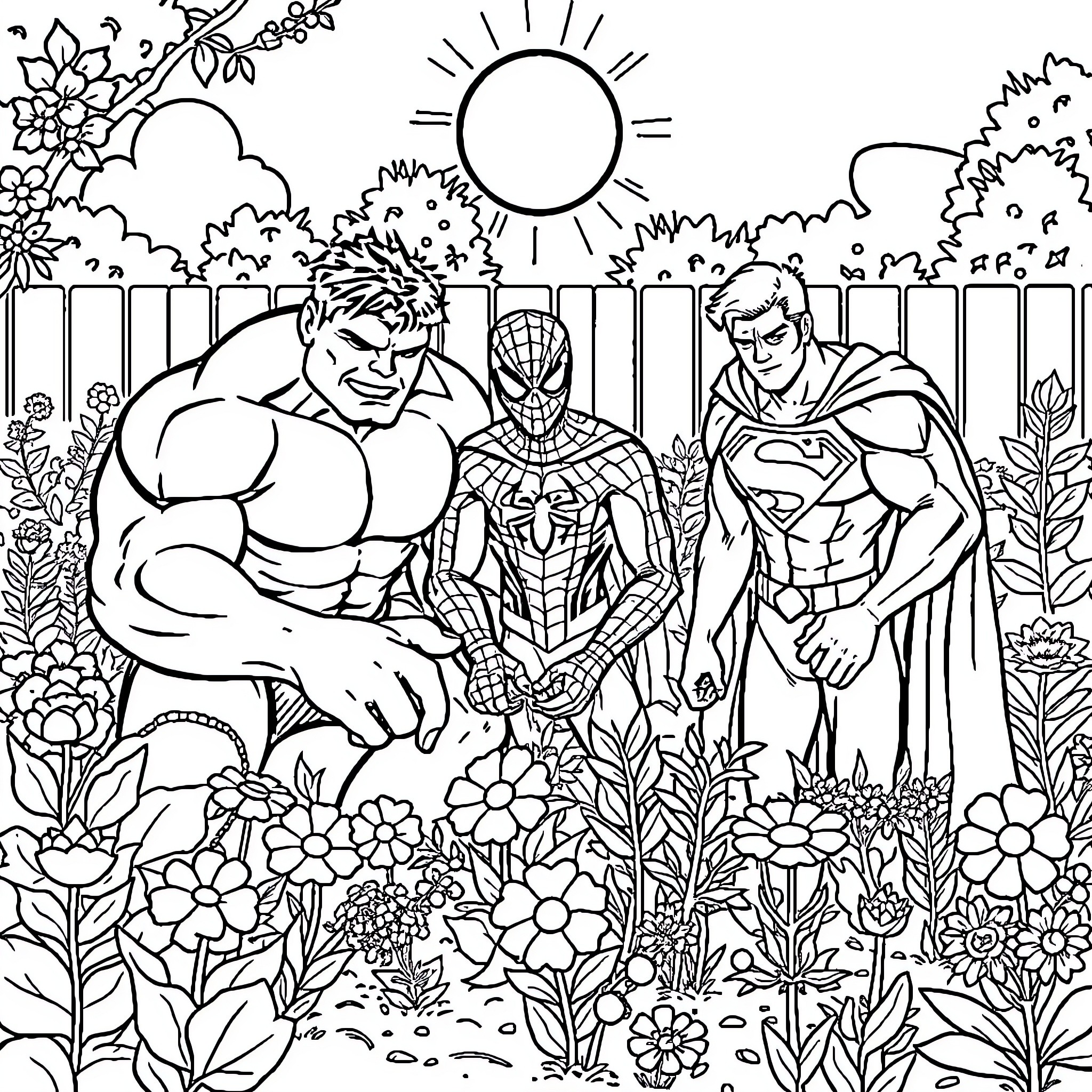 Hulk, Spider-Man, and Superman in an Outdoor Adventure Coloring Page (free black-and-white line drawing printable PDF for all, from beginners to advanced learners, including children, teens, adults, and seniors)