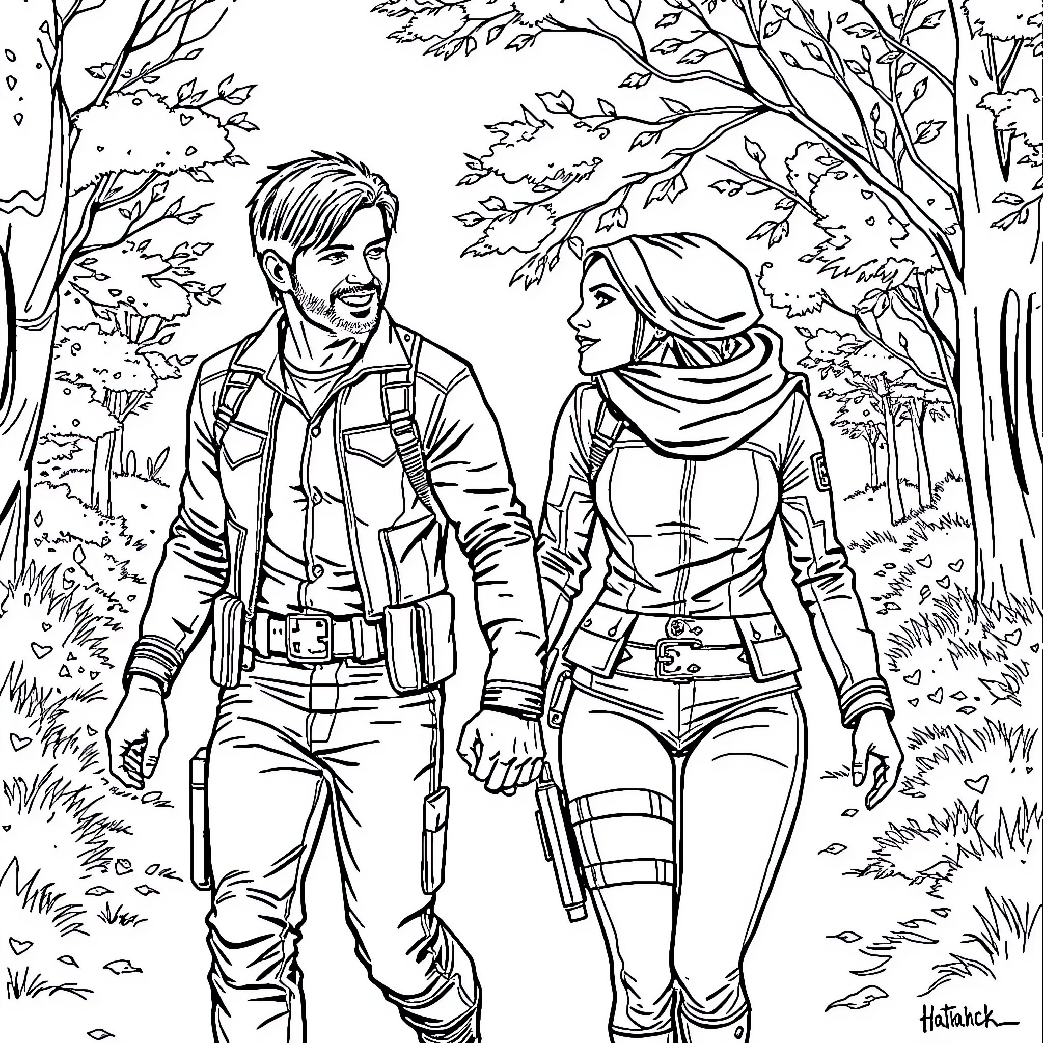 Bucky Barnes and Natasha Romanoff on a forest mission Coloring Page (free black-and-white line drawing printable PDF for all, from beginners to advanced learners, including children, teens, adults, and seniors)