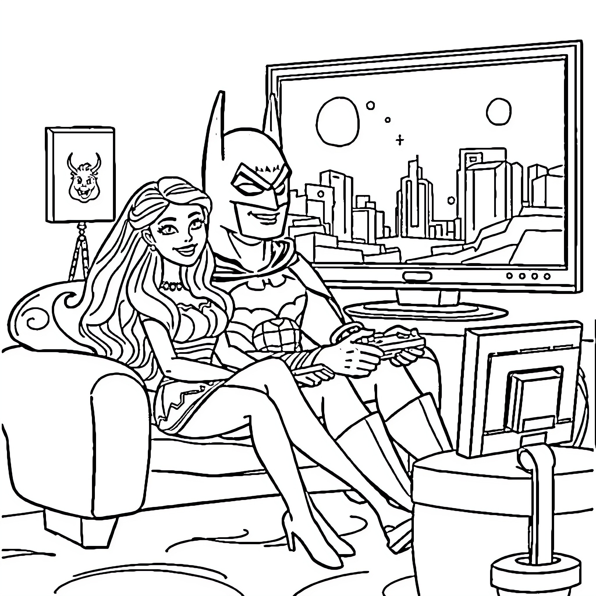 Barbie and Batman relaxing at home Coloring Page (free black-and-white line drawing printable PDF for all, from beginners to advanced learners, including children, teens, adults, and seniors)