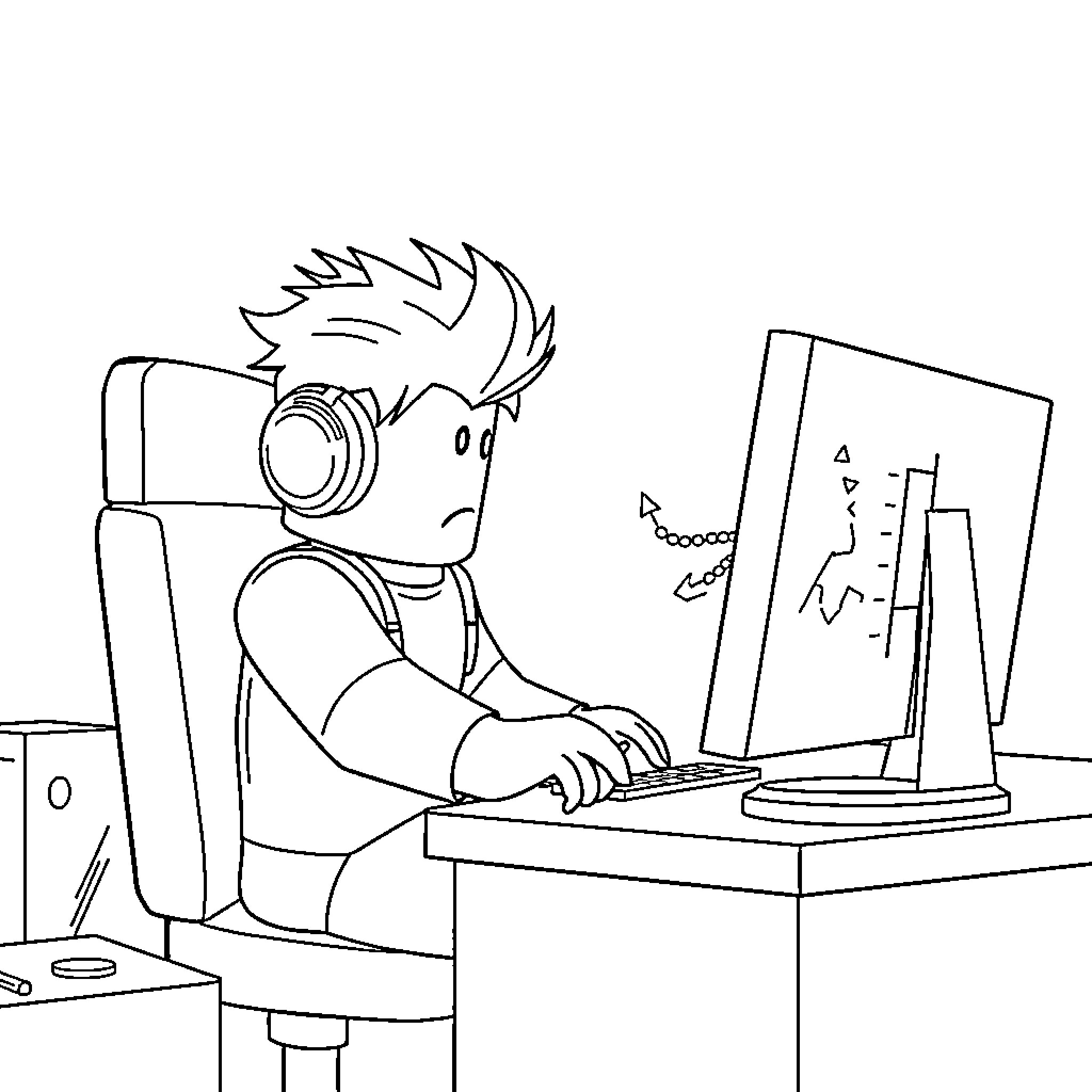 Roblox Player focused on computer game Coloring Page (free black-and-white line drawing printable PDF for all, from beginners to advanced learners, including children, teens, adults, and seniors)