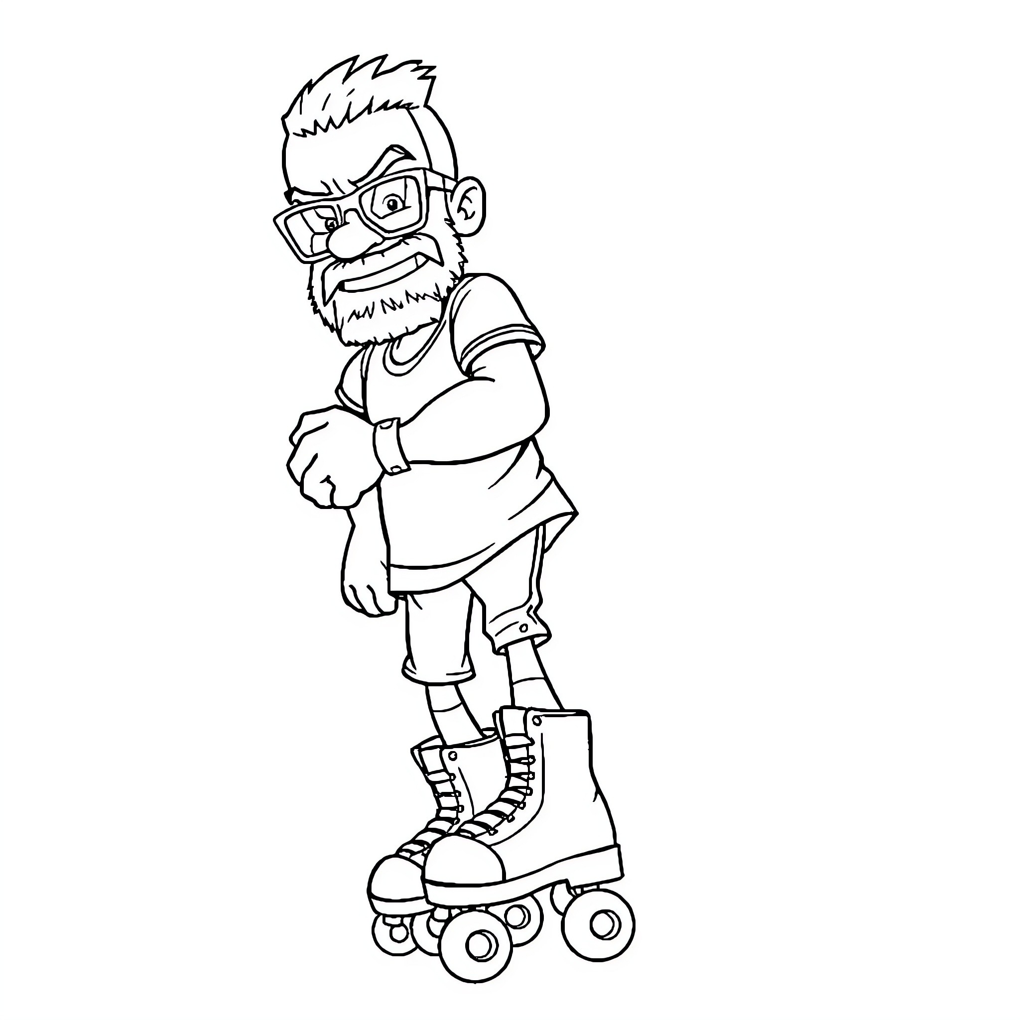 Mr T Rollerblading with Enthusiasm Coloring Page (free black-and-white line drawing printable PDF for all, from beginners to advanced learners, including children, teens, adults, and seniors)