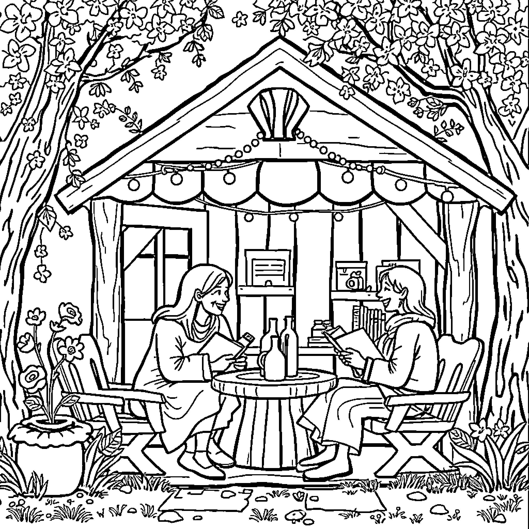 Shet Couples Enjoying a Cozy Outdoor Cafe Coloring Page (free black-and-white line drawing printable PDF for all, from beginners to advanced learners, including children, teens, adults, and seniors)
