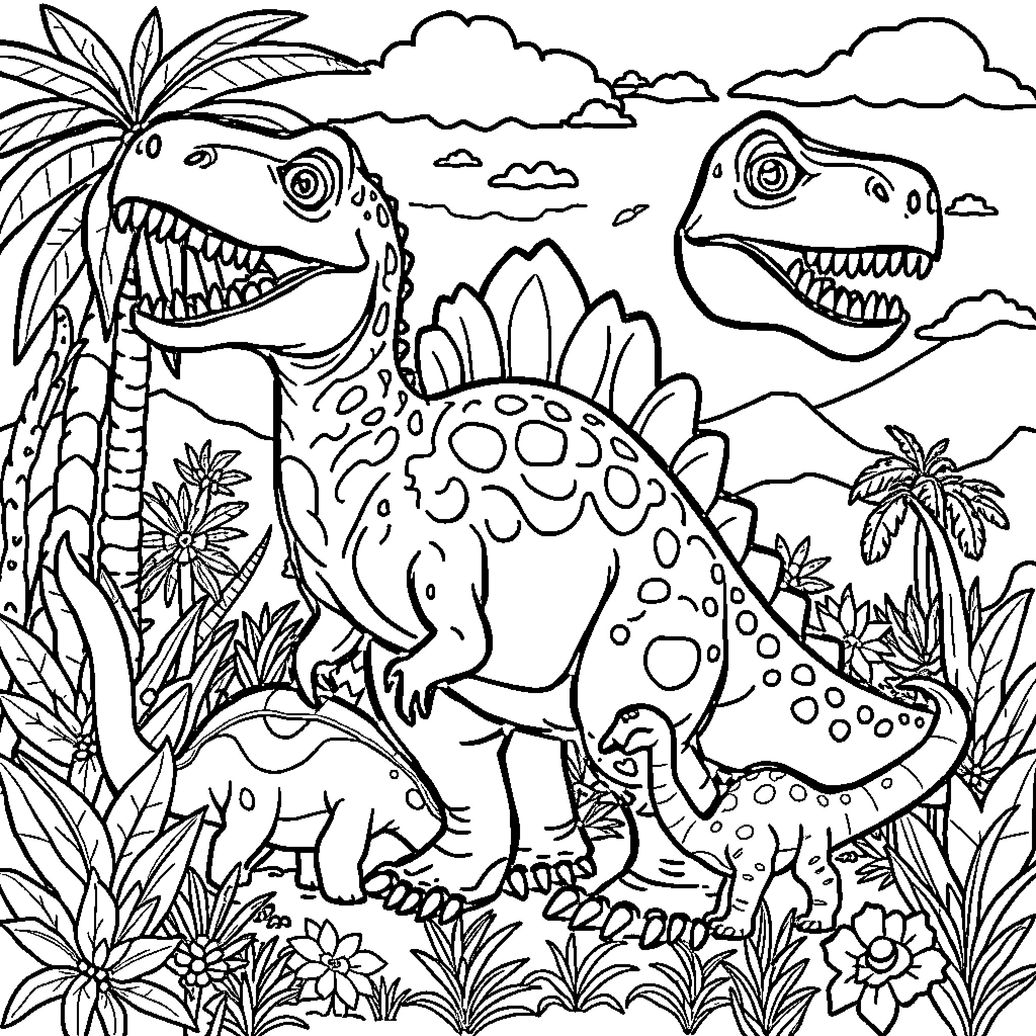 Dinosaurs roaming in prehistoric jungle Coloring Page (free black-and-white line drawing printable PDF for all, from beginners to advanced learners, including children, teens, adults, and seniors)