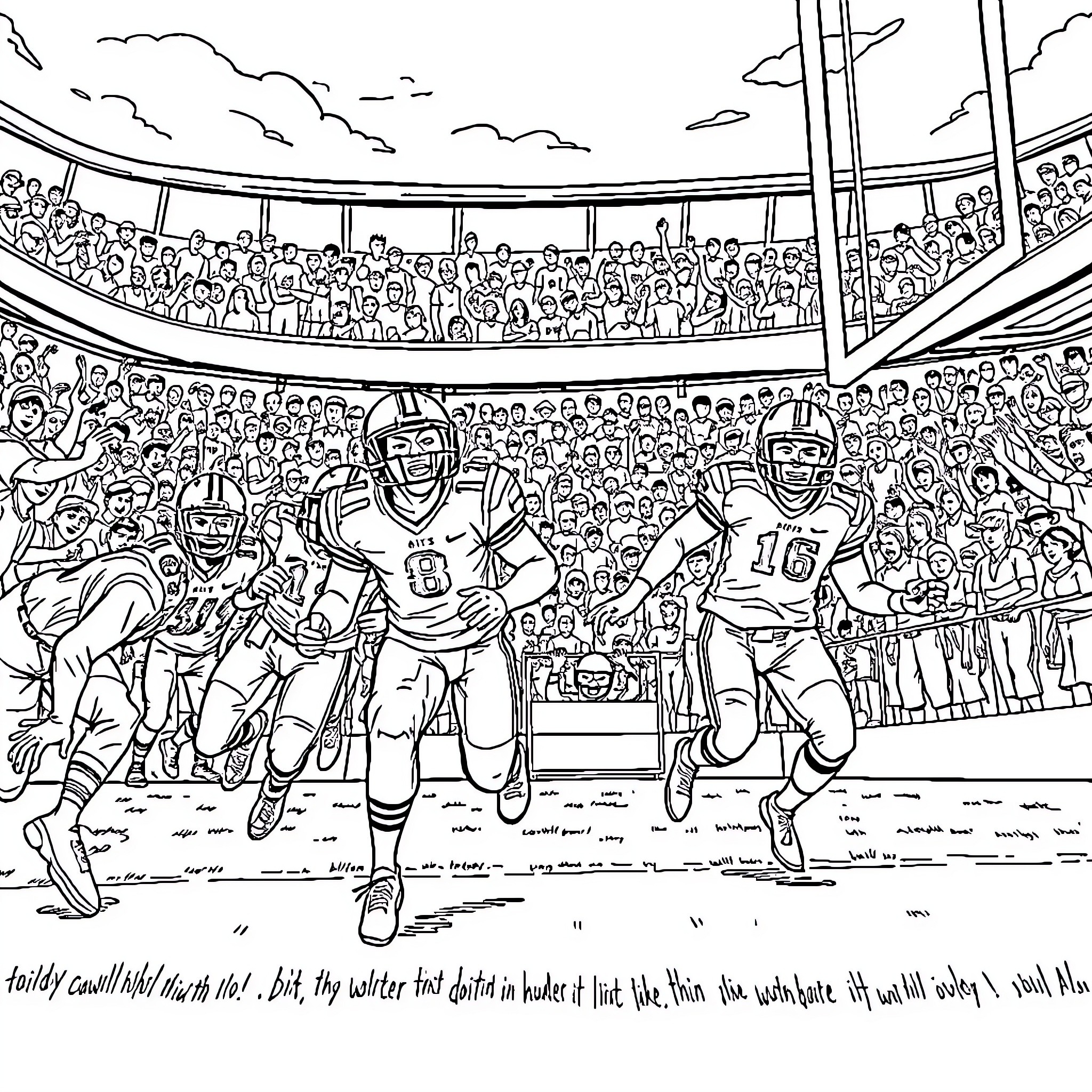 Sport players competing in a crowded stadium Coloring Page (free black-and-white line drawing printable PDF for all, from beginners to advanced learners, including children, teens, adults, and seniors)