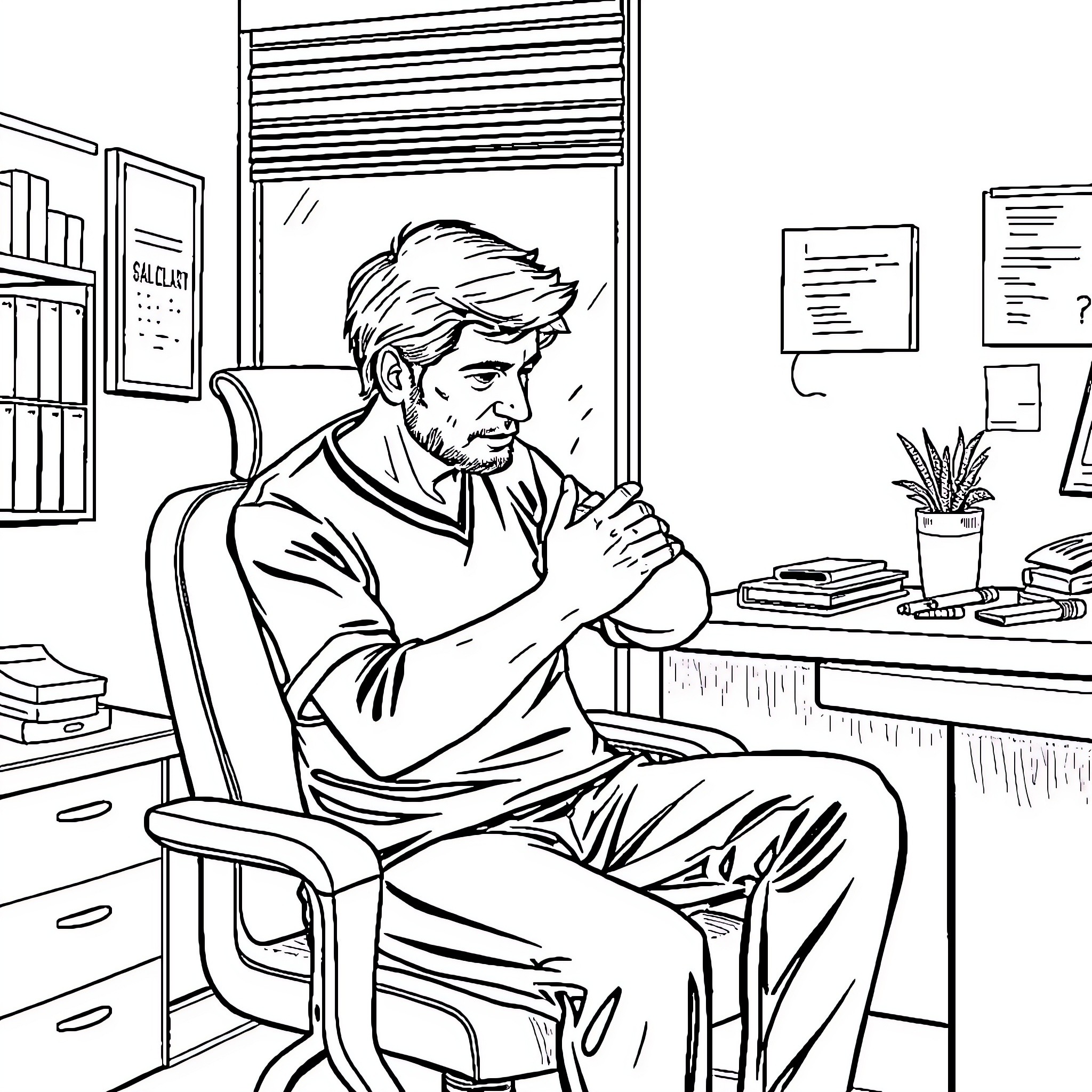 Patient examining medical documents in the office Coloring Page (free black-and-white line drawing printable PDF for all, from beginners to advanced learners, including children, teens, adults, and seniors)