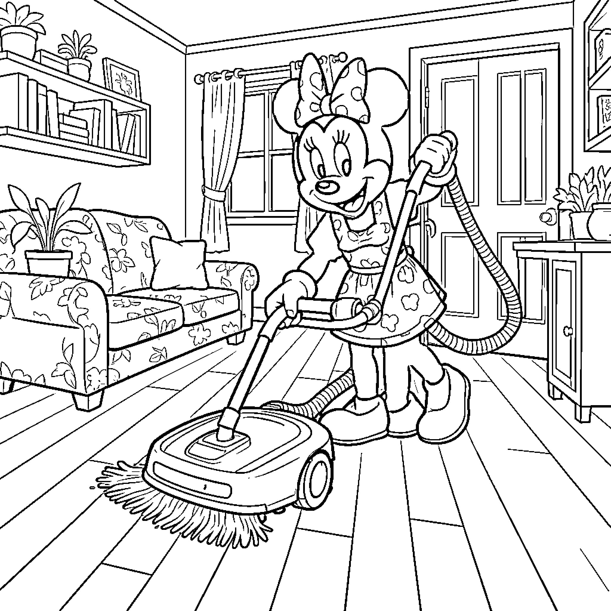 Robot character helping to vacuum the living room floor Coloring Page (free black-and-white line drawing printable PDF for all, from beginners to advanced learners, including children, teens, adults, and seniors)