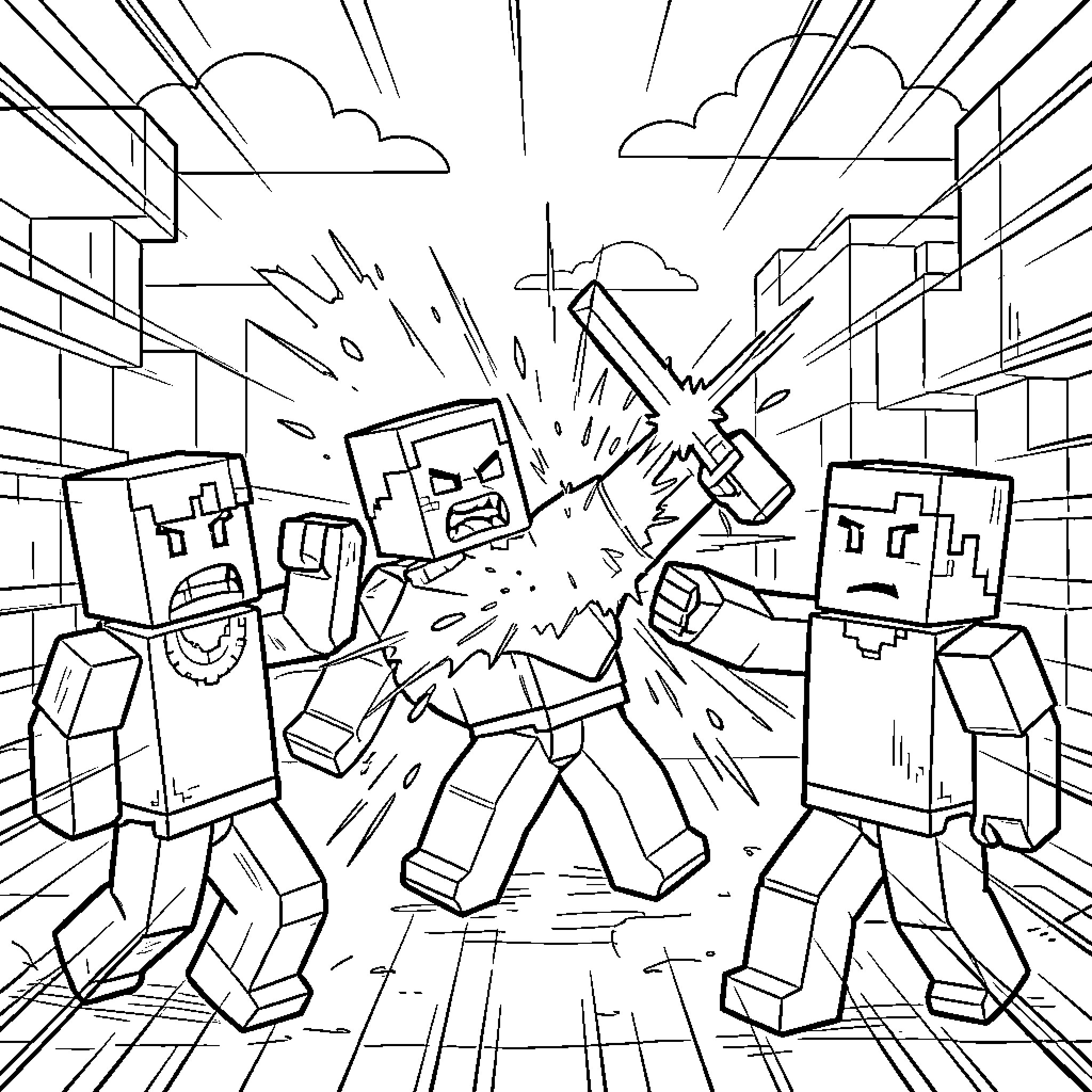 Minecraft Characters in Explosive Battle Coloring Page (free black-and-white line drawing printable PDF for all, from beginners to advanced learners, including children, teens, adults, and seniors)
