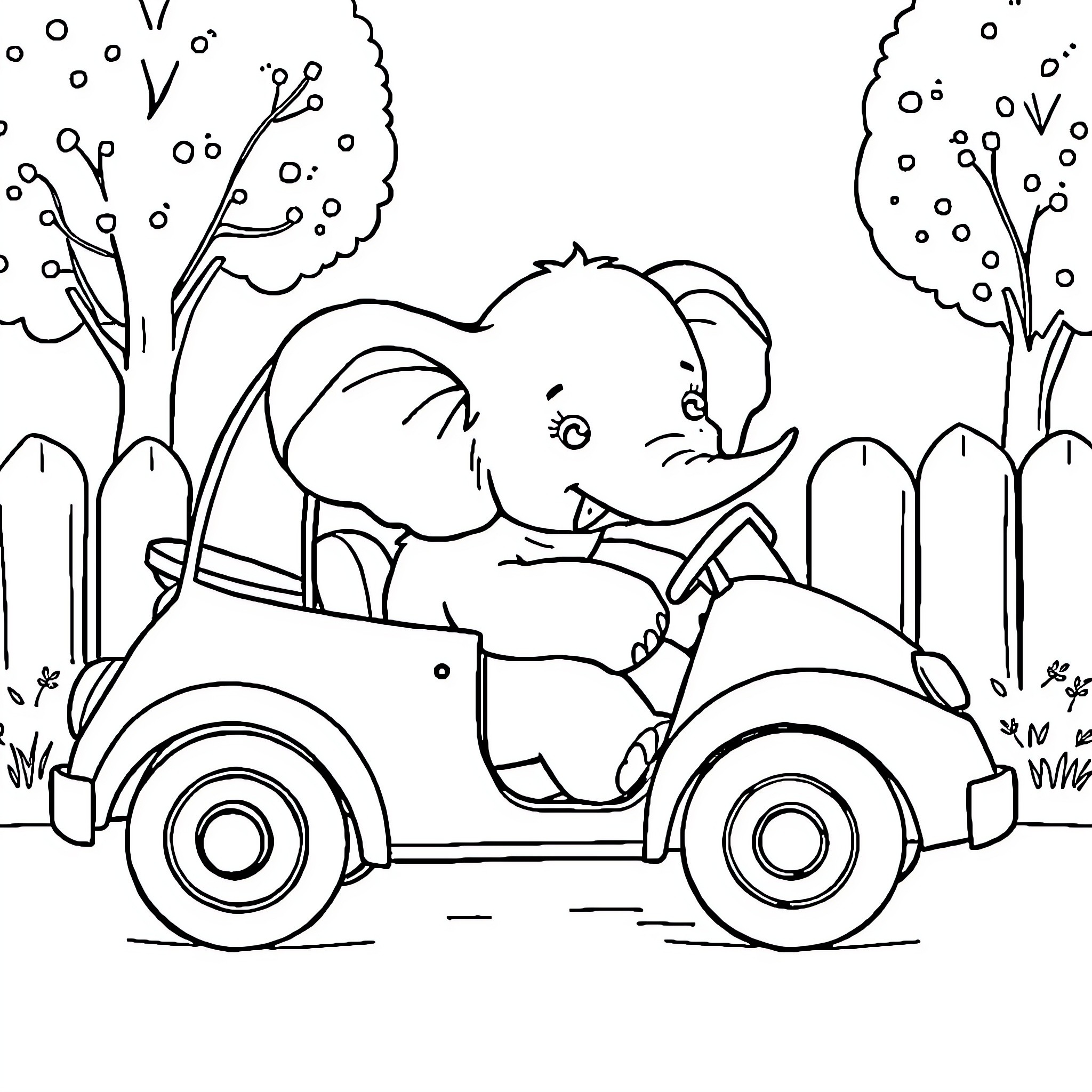 Elephant riding in a car through the forest Coloring Page (free black-and-white line drawing printable PDF for all, from beginners to advanced learners, including children, teens, adults, and seniors)