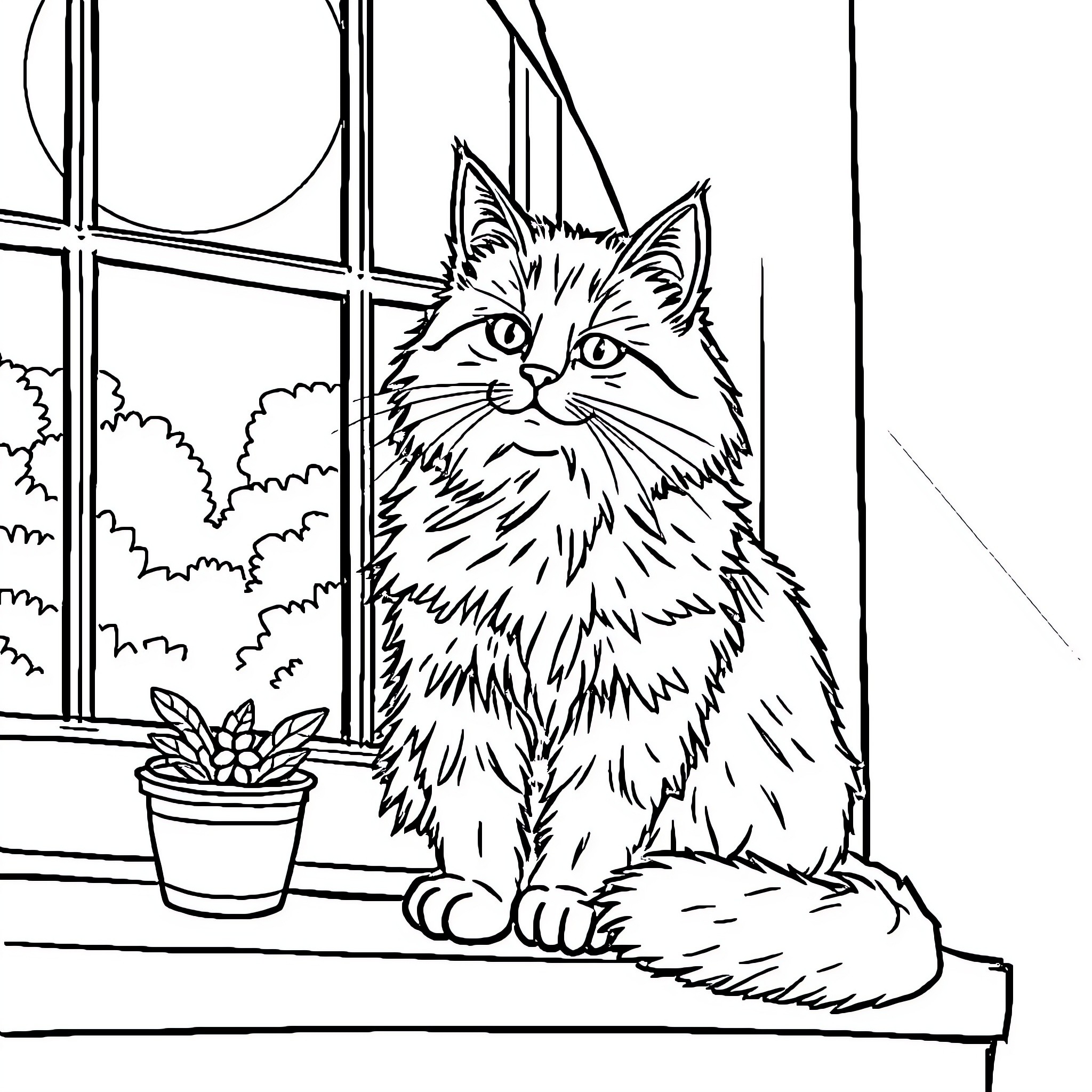 Cat sitting by the window Coloring Page (free black-and-white line drawing printable PDF for all, from beginners to advanced learners, including children, teens, adults, and seniors)