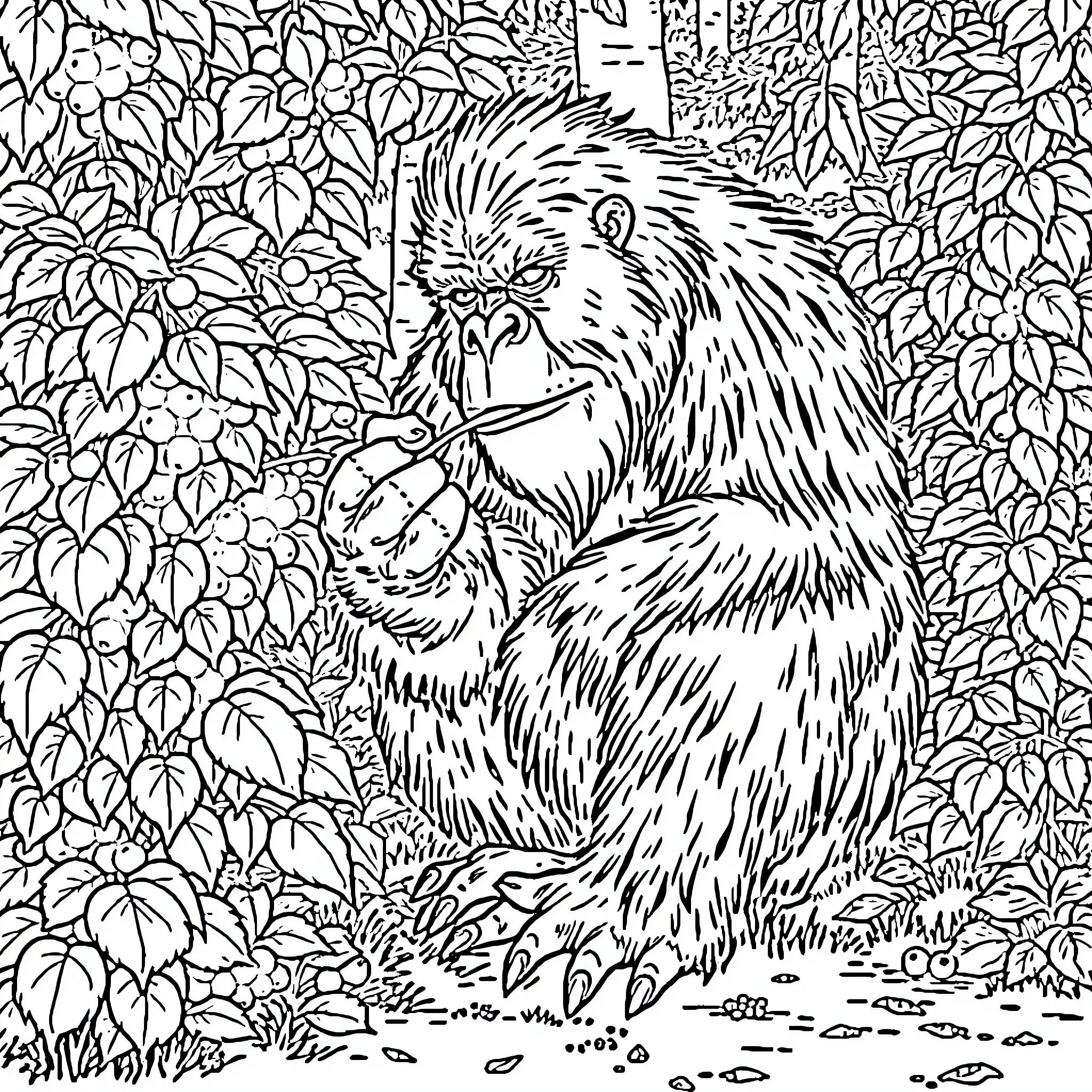 Sasquatch in the Lush Foliage Coloring Page (free black-and-white line drawing printable PDF for all, from beginners to advanced learners, including children, teens, adults, and seniors)
