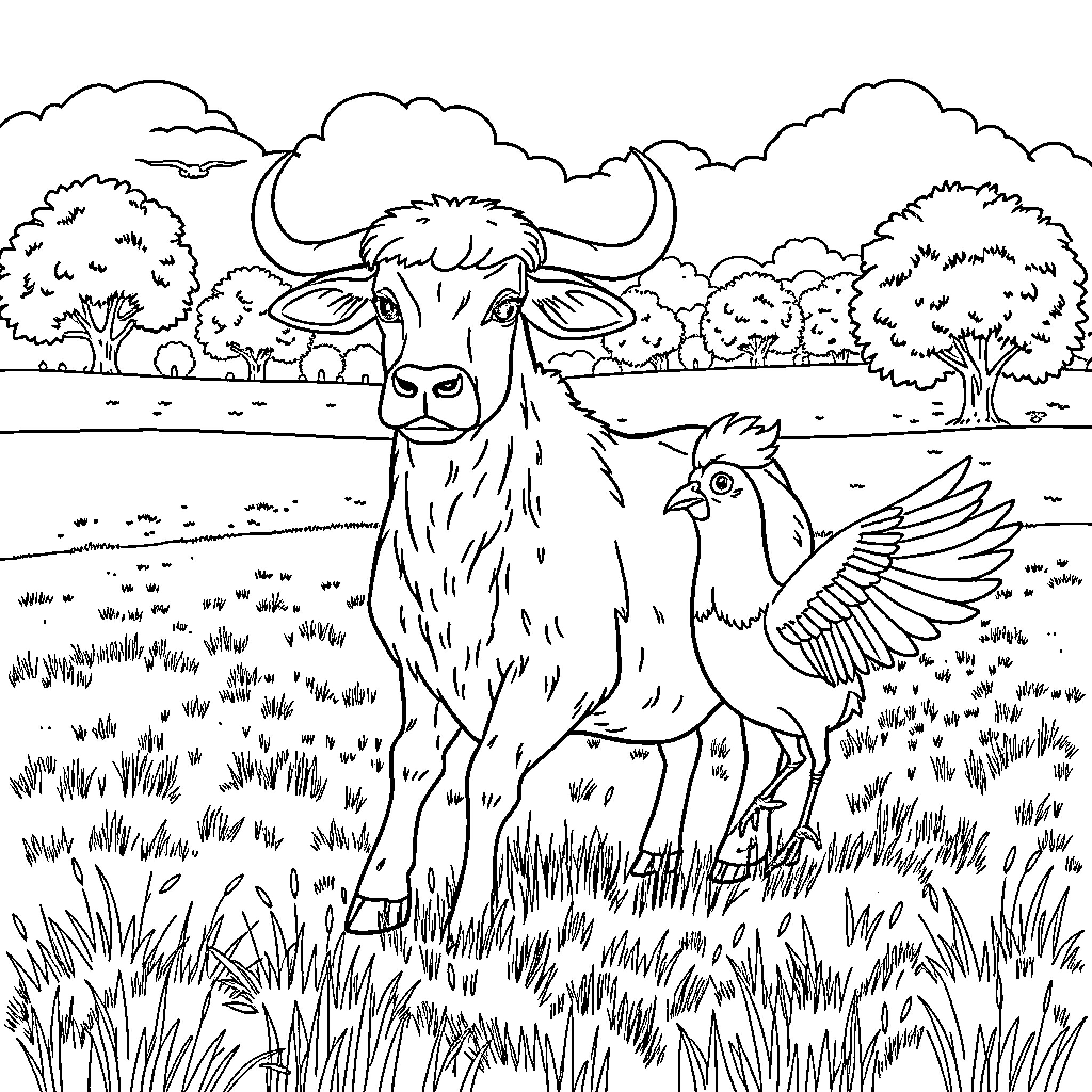 Vaca and Rooster in Idyllic Meadow Coloring Page (free black-and-white line drawing printable PDF for all, from beginners to advanced learners, including children, teens, adults, and seniors)