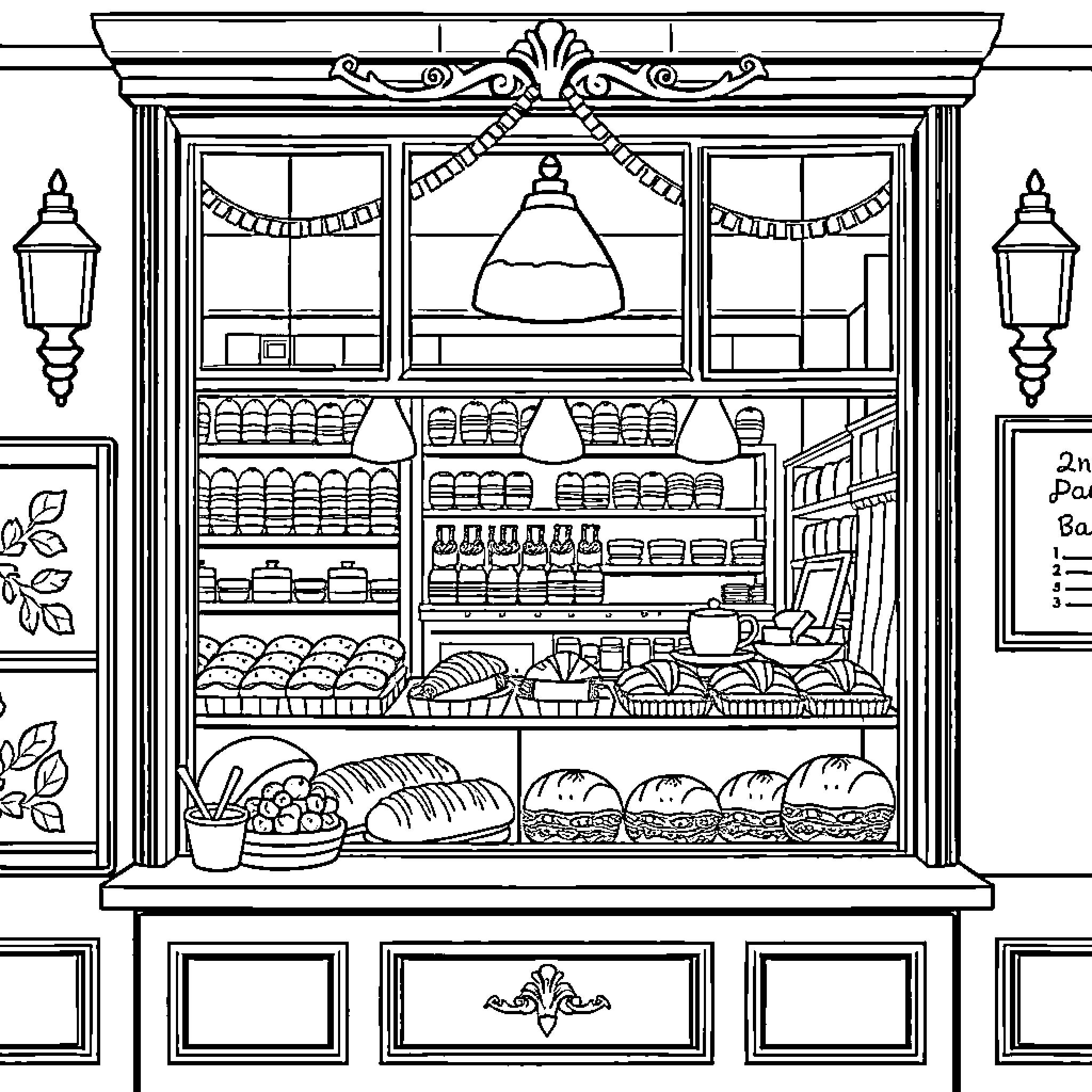 Bakery with Ornate Shelves and Displays Coloring Page (free black-and-white line drawing printable PDF for all, from beginners to advanced learners, including children, teens, adults, and seniors)
