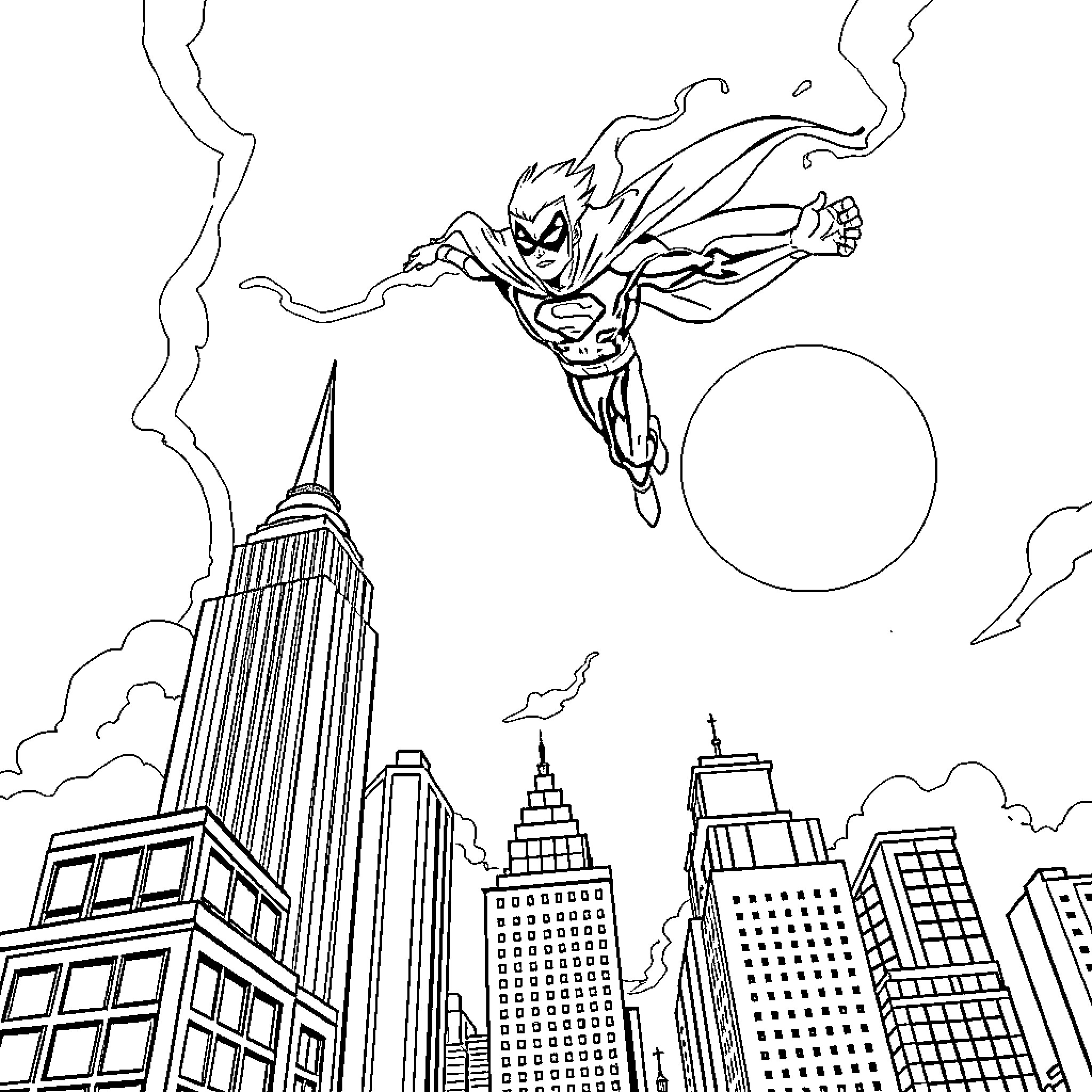 Static Shock Soaring Through Cityscape Coloring Page (free black-and-white line drawing printable PDF for all, from beginners to advanced learners, including children, teens, adults, and seniors)