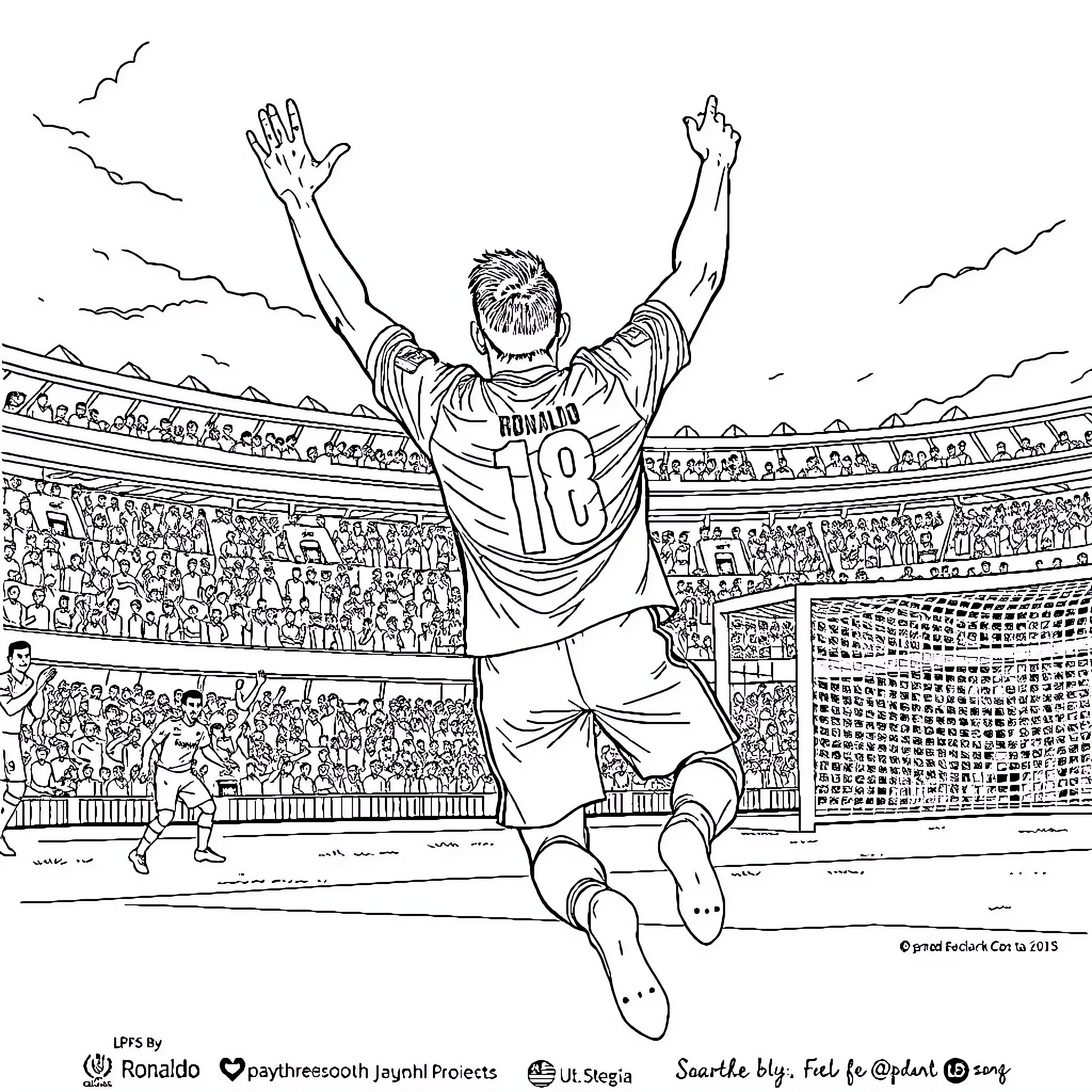 Ronaldo celebrates after scoring a goal in a soccer stadium Coloring Page (free black-and-white line drawing printable PDF for all, from beginners to advanced learners, including children, teens, adults, and seniors)