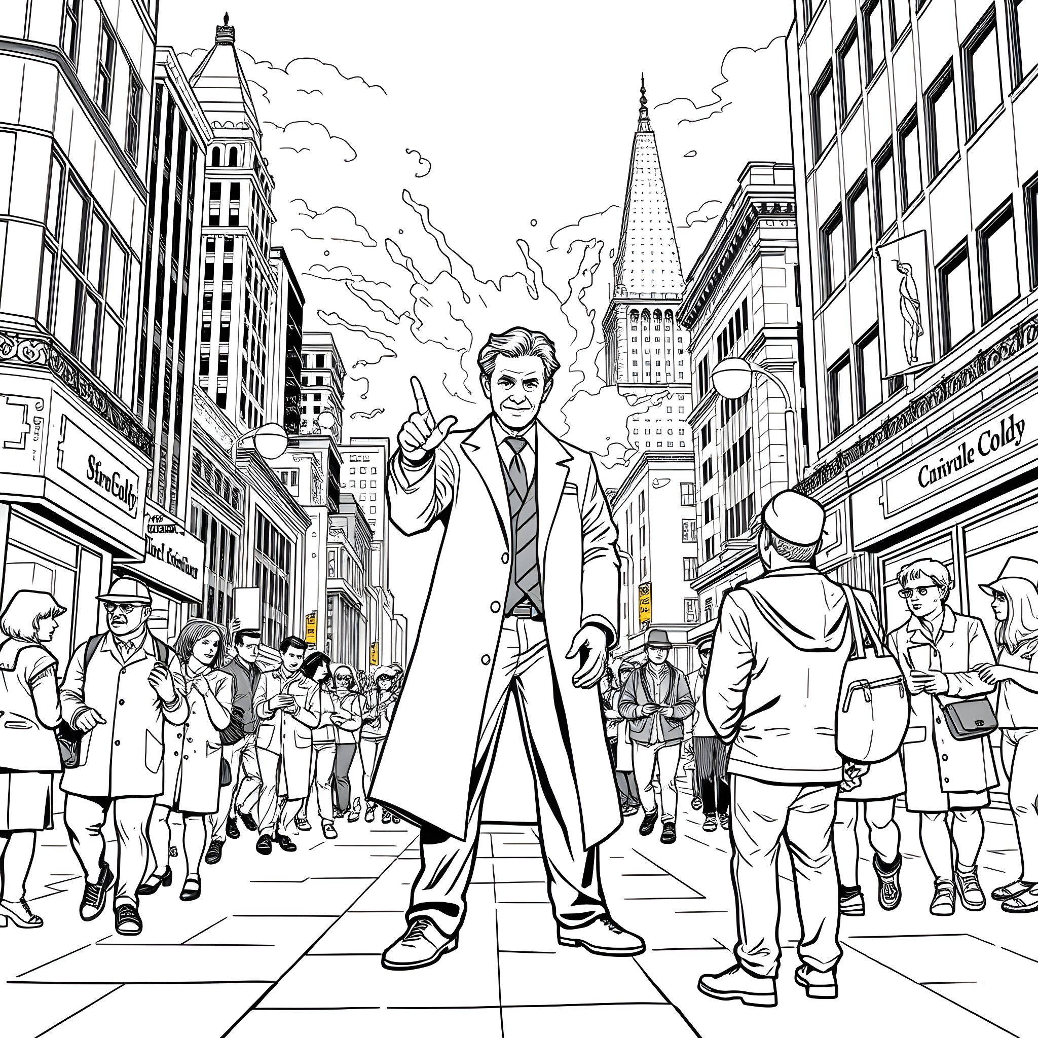 Doctor Who Navigates Bustling City Street Coloring Page (free black-and-white line drawing printable PDF for all, from beginners to advanced learners, including children, teens, adults, and seniors)
