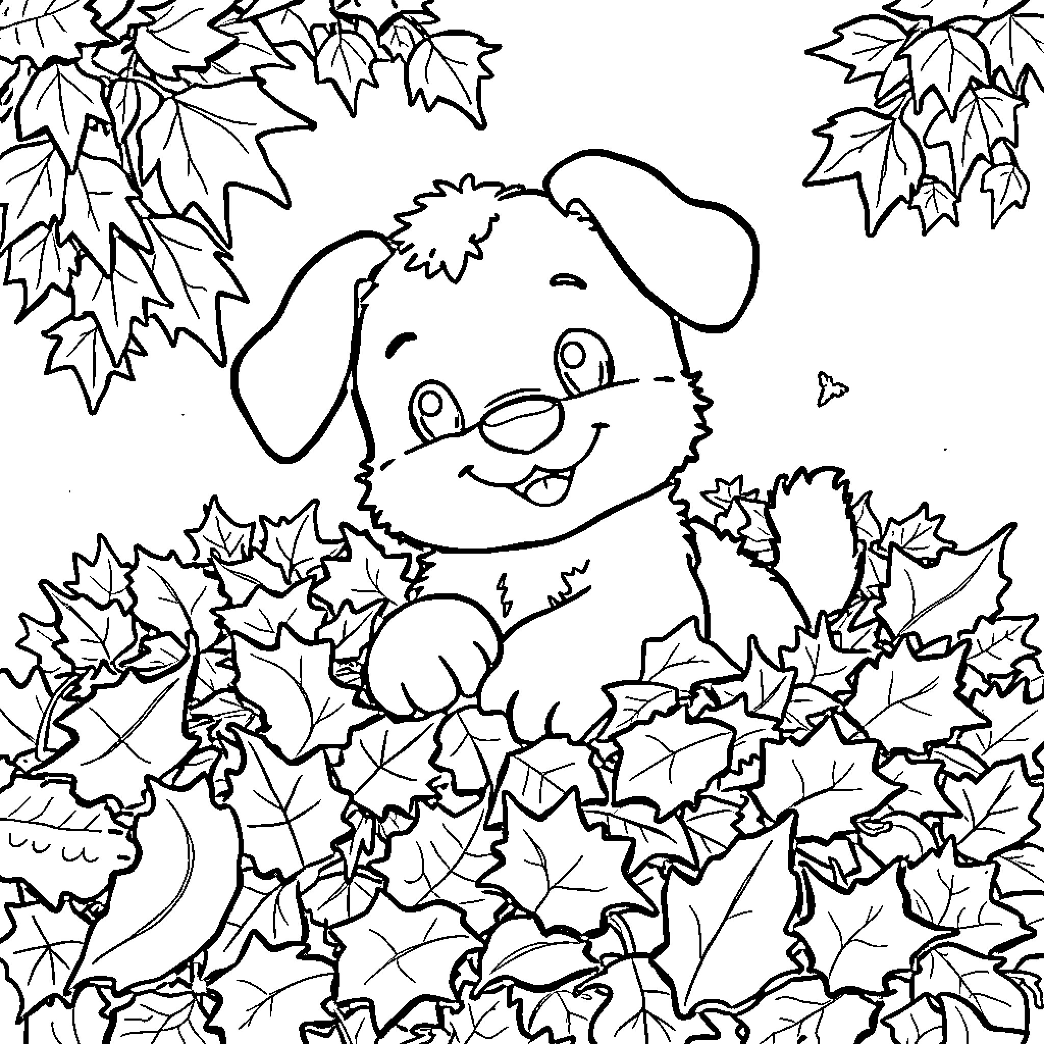 Bluey playing in autumn leaves Coloring Page (free black-and-white line drawing printable PDF for all, from beginners to advanced learners, including children, teens, adults, and seniors)