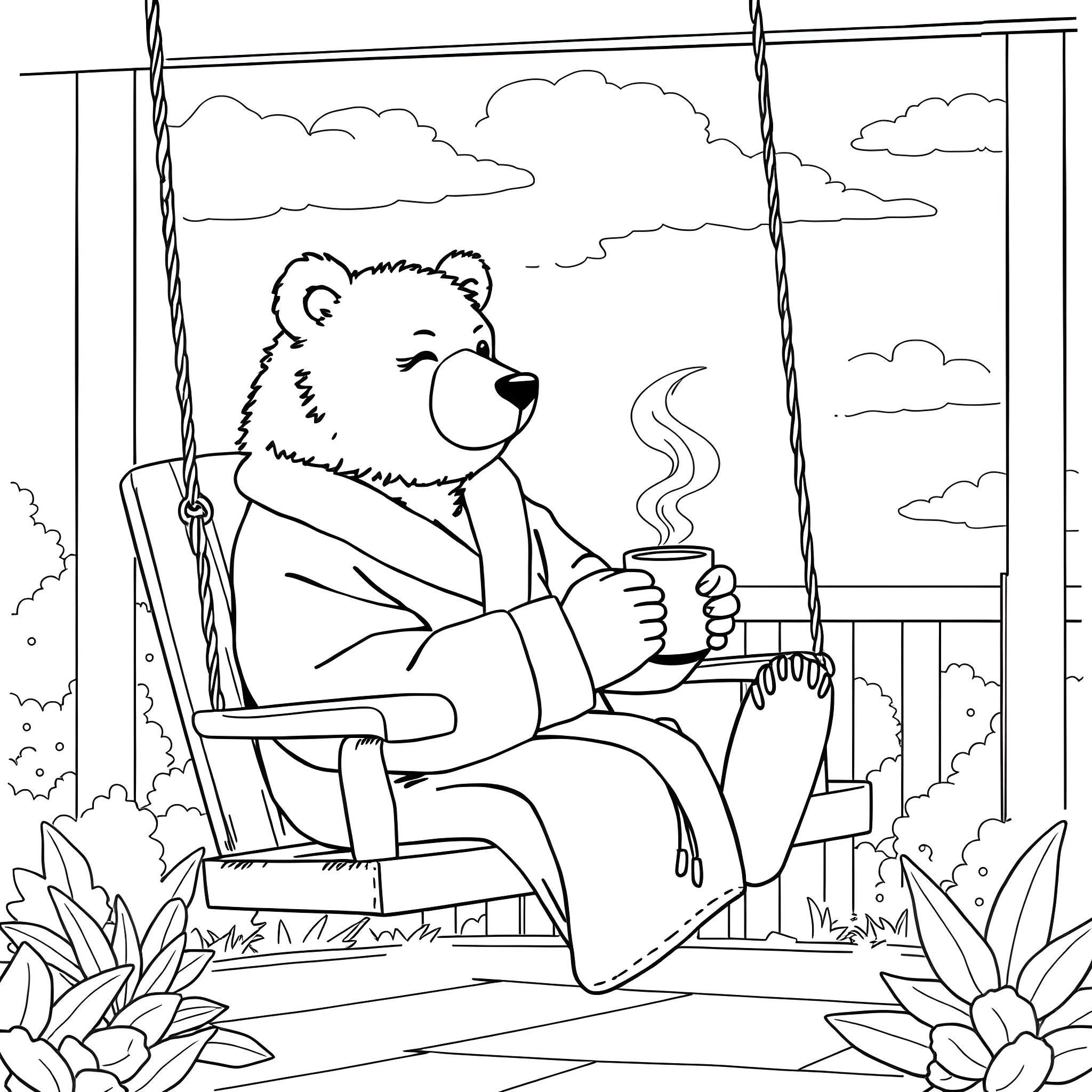 Bear enjoying a hot drink on a swing Coloring Page (free black-and-white line drawing printable PDF for all, from beginners to advanced learners, including children, teens, adults, and seniors)
