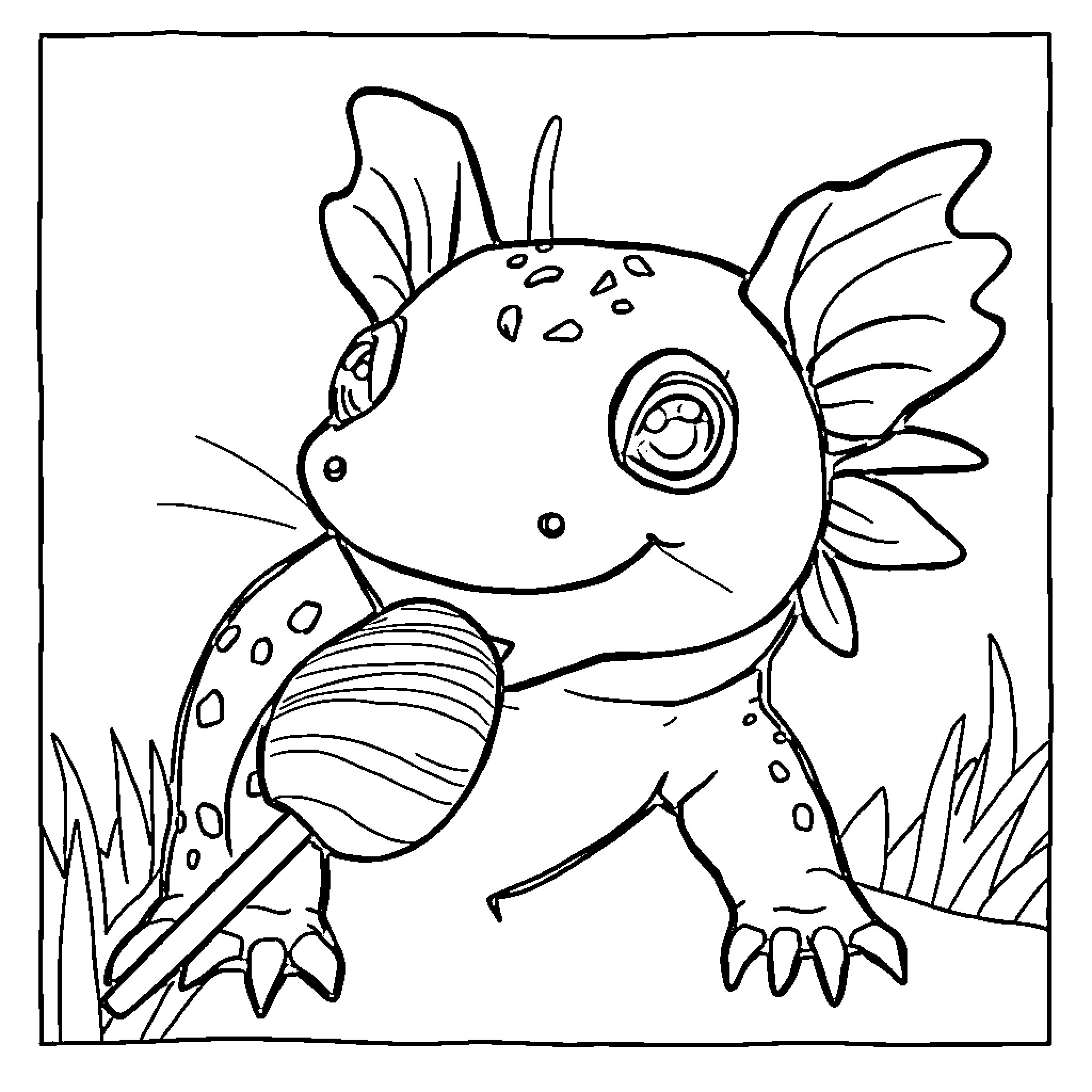 Axolotl exploring the aquatic environment Coloring Page (free black-and-white line drawing printable PDF for all, from beginners to advanced learners, including children, teens, adults, and seniors)