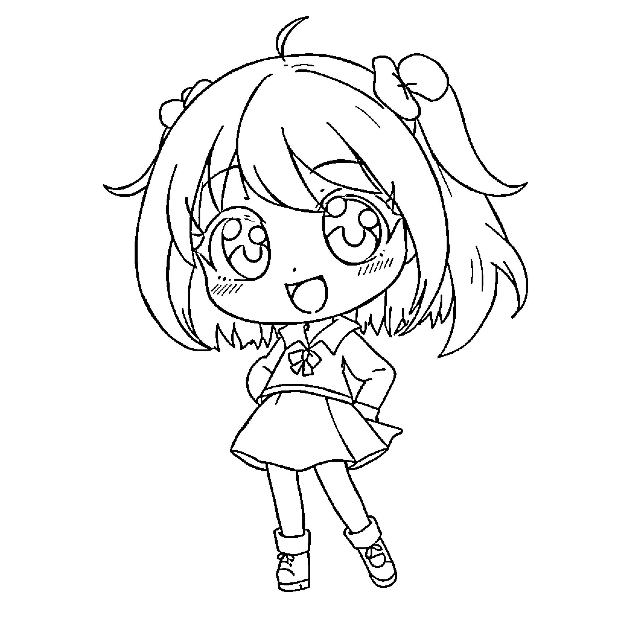 Anime Girl Happily Expressing Delight Coloring Page (free black-and-white line drawing printable PDF for all, from beginners to advanced learners, including children, teens, adults, and seniors)
