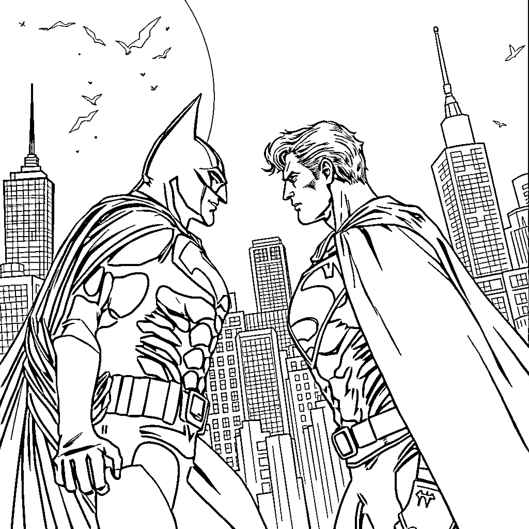 Batman vs Superman - Epic Superhero Showdown in the City Coloring Page (free black-and-white line drawing printable PDF for all, from beginners to advanced learners, including children, teens, adults, and seniors)