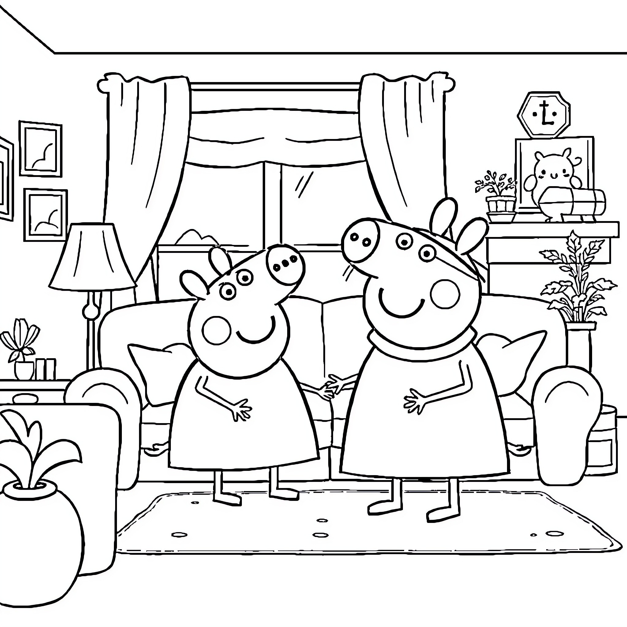 Peppa Pig and friends having fun indoors Coloring Page (free black-and-white line drawing printable PDF for all, from beginners to advanced learners, including children, teens, adults, and seniors)