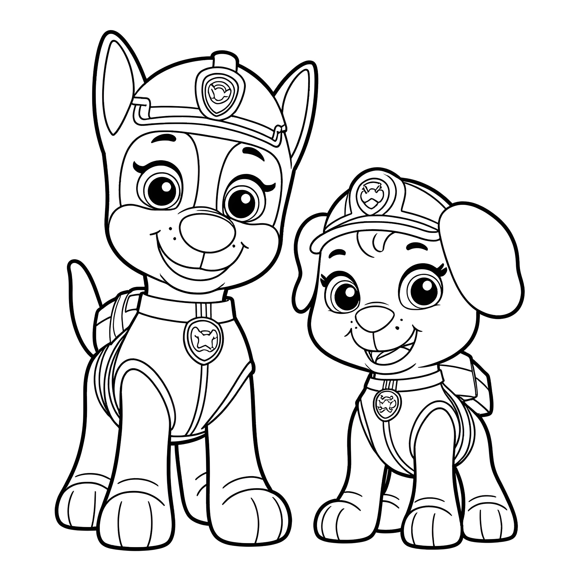 Paw Patrol characters in uniform Coloring Page (free black-and-white line drawing printable PDF for all, from beginners to advanced learners, including children, teens, adults, and seniors)