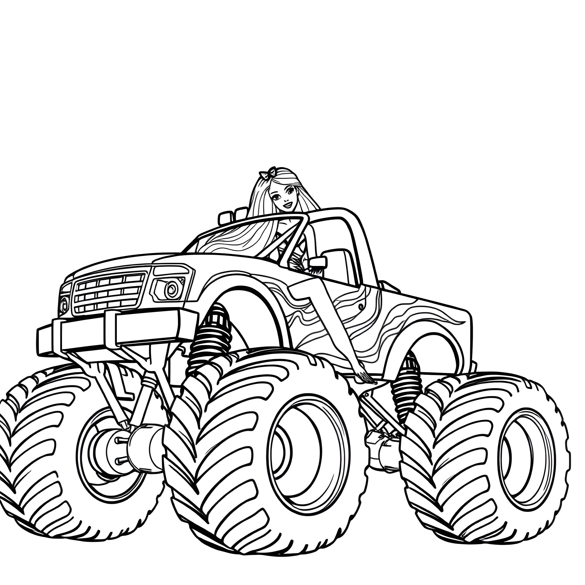 Barbie riding a powerful monster truck Coloring Page (free black-and-white line drawing printable PDF for all, from beginners to advanced learners, including children, teens, adults, and seniors)