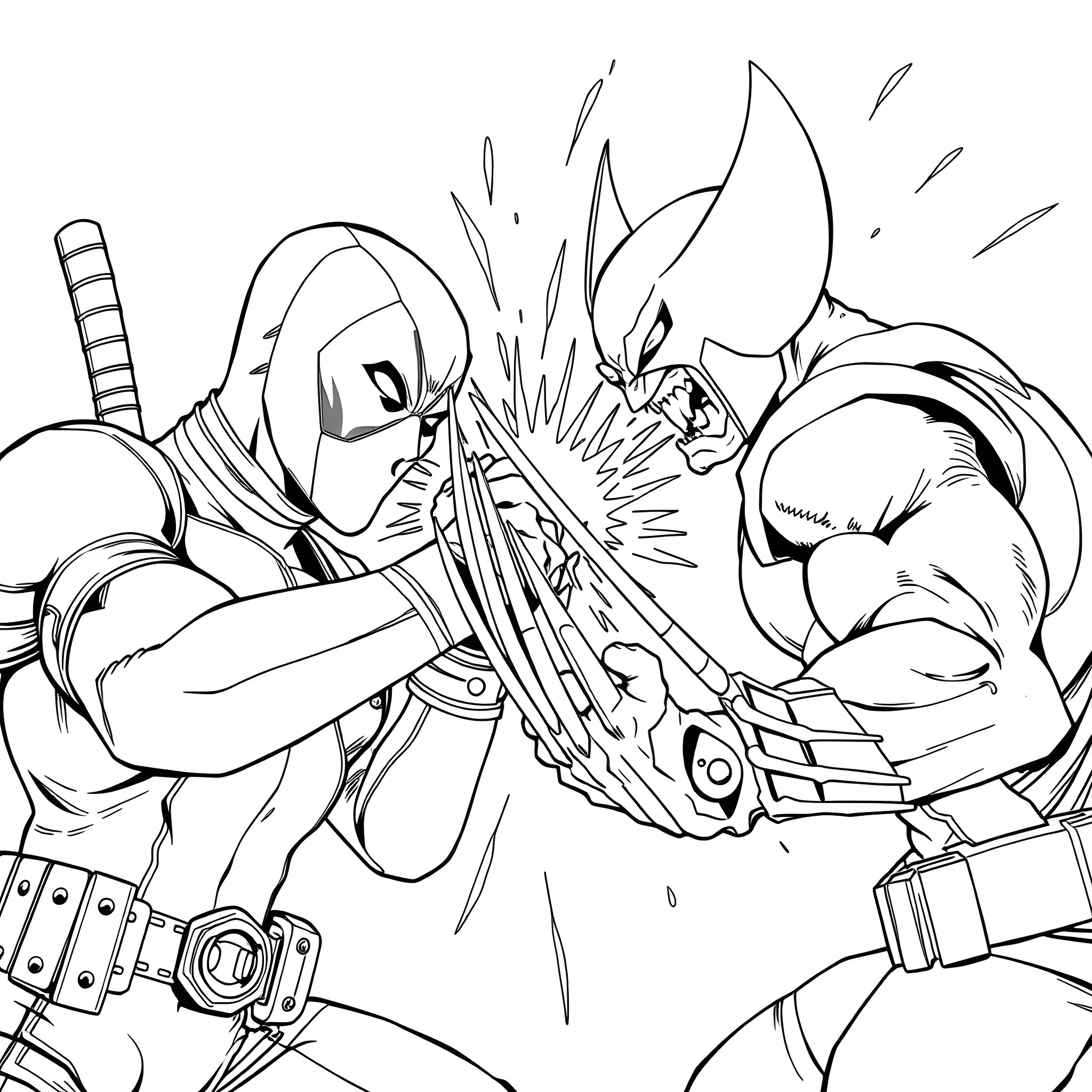 Deadpool battle scene with intense action and expression Coloring Page (free black-and-white line drawing printable PDF for all, from beginners to advanced learners, including children, teens, adults, and seniors)