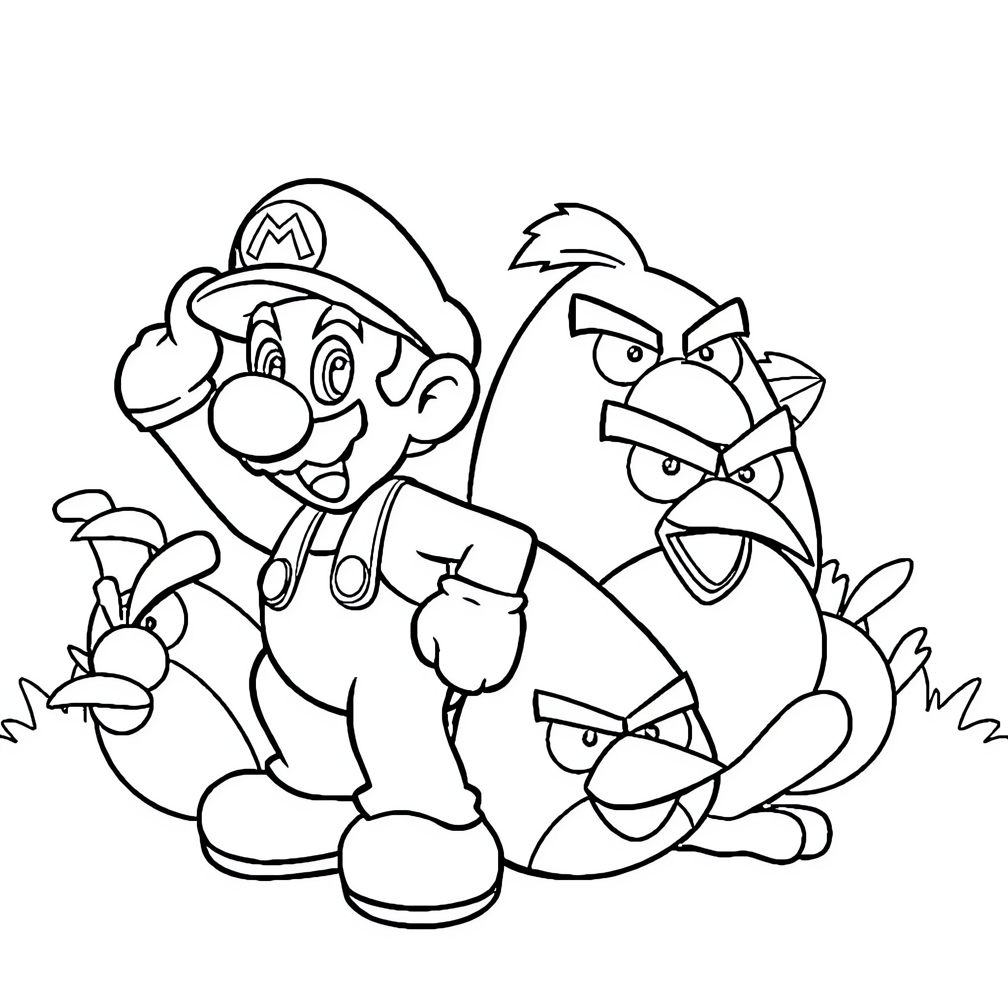 Mario Bros characters in action scene Coloring Page (free black-and-white line drawing printable PDF for all, from beginners to advanced learners, including children, teens, adults, and seniors)