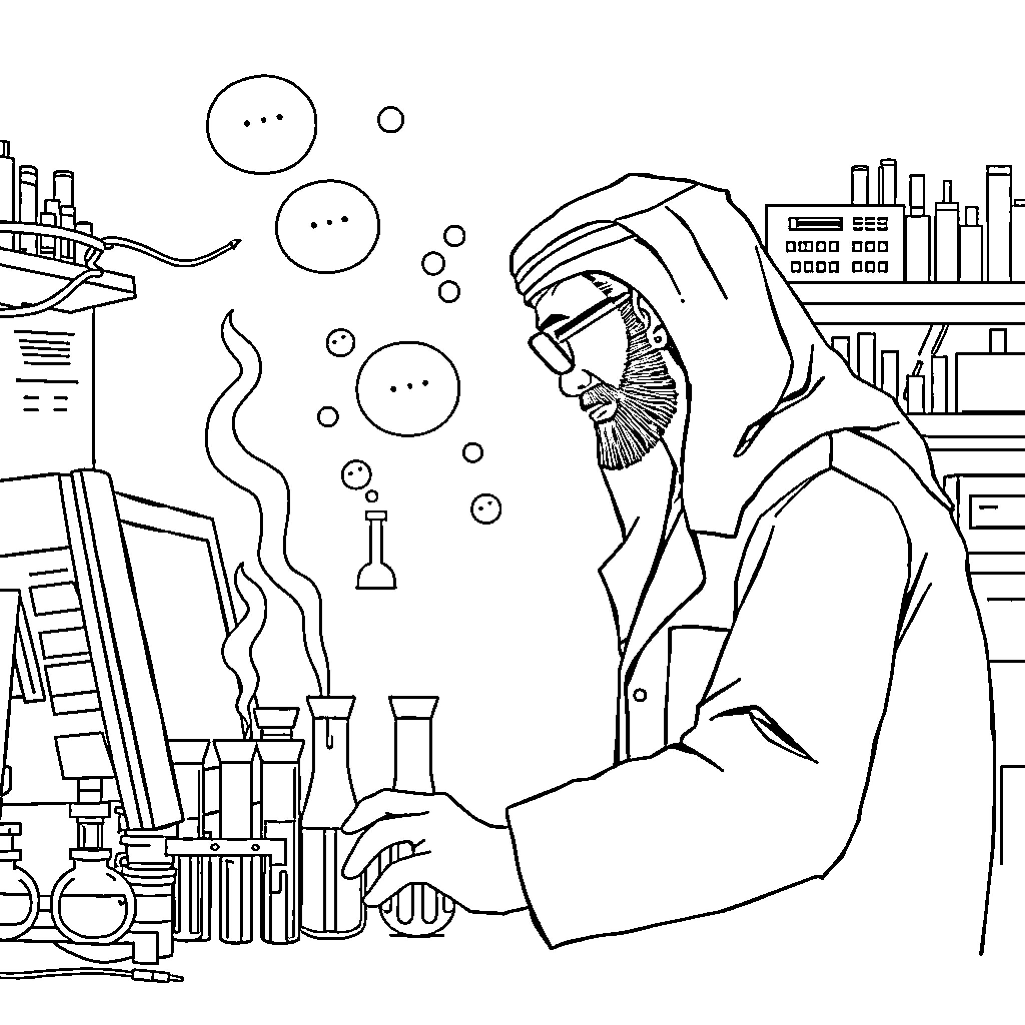 Scientist conducting experiments in a laboratory Coloring Page (free black-and-white line drawing printable PDF for all, from beginners to advanced learners, including children, teens, adults, and seniors)