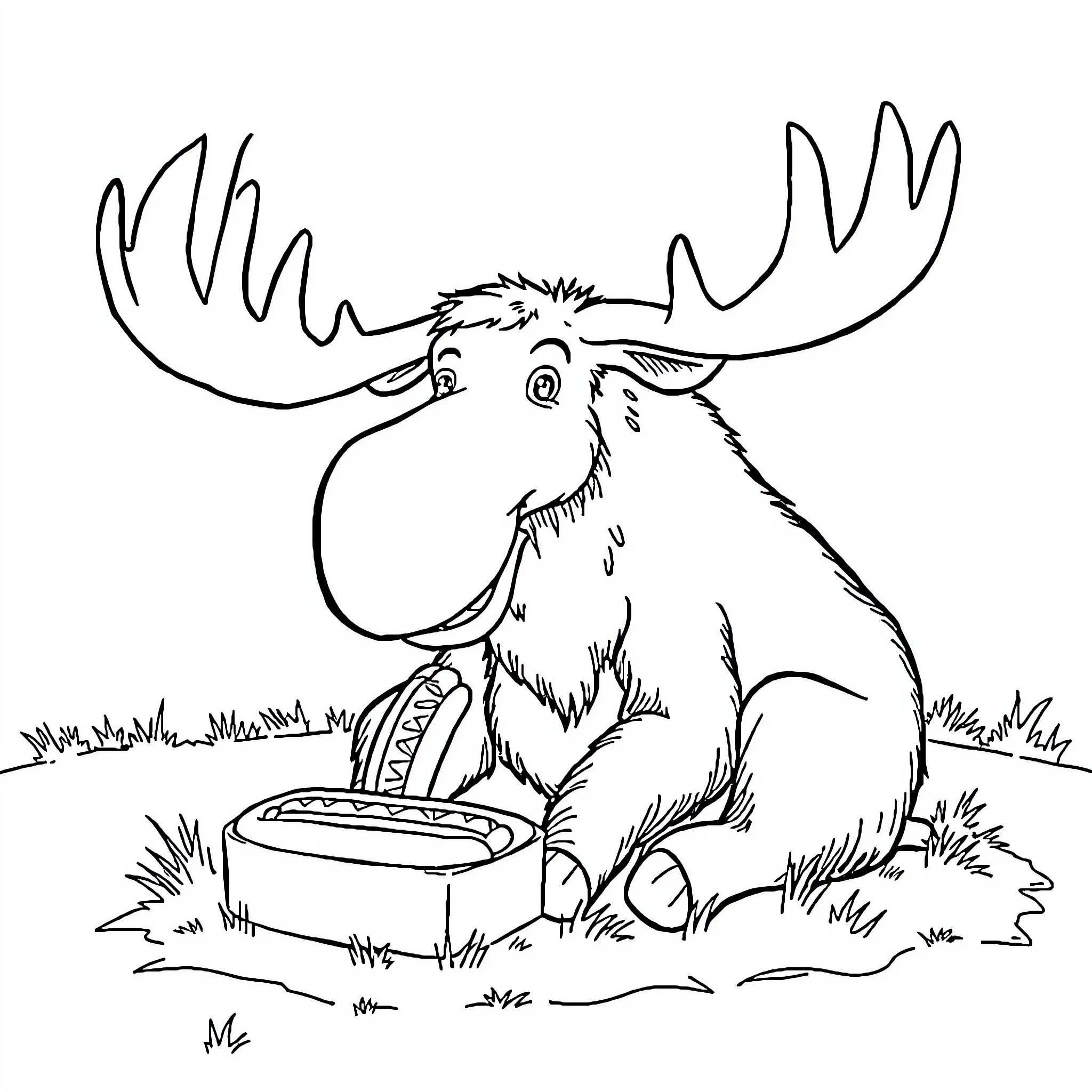 Moose enjoying a tasty snack in the wilderness Coloring Page (free black-and-white line drawing printable PDF for all, from beginners to advanced learners, including children, teens, adults, and seniors)