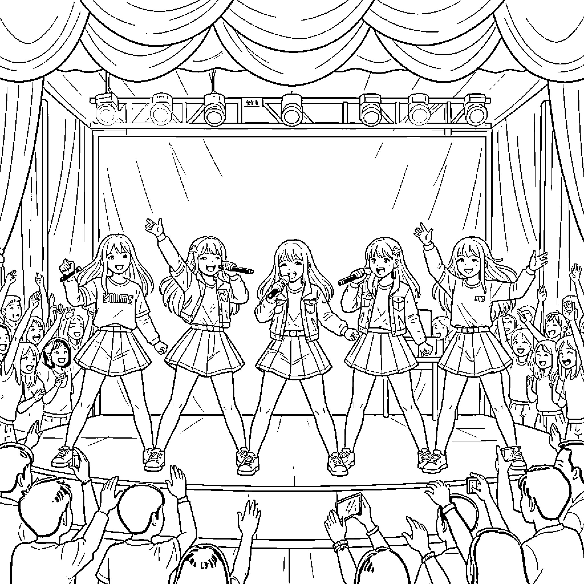 Kpop Girl Group Performing Energetic Concert on Stage Coloring Page (free black-and-white line drawing printable PDF for all, from beginners to advanced learners, including children, teens, adults, and seniors)