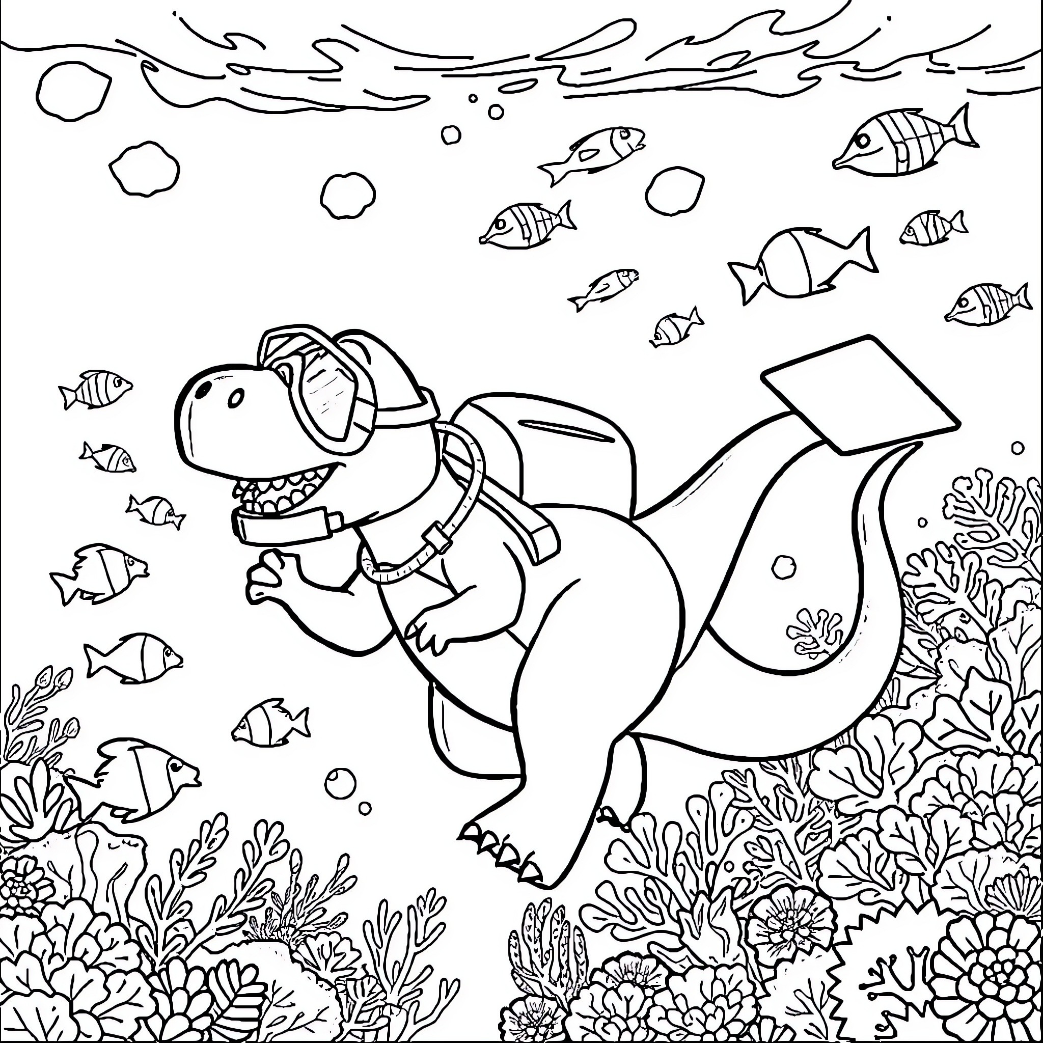 Barney the Dinosaur Explores the Underwater World Coloring Page (free black-and-white line drawing printable PDF for all, from beginners to advanced learners, including children, teens, adults, and seniors)